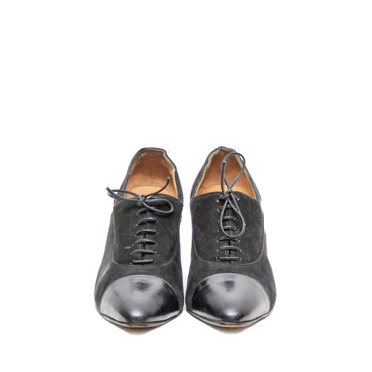 Hermès Derby Black Suede & Leather Lace-Up Heels — Size 35.5 EU / 5.5 US