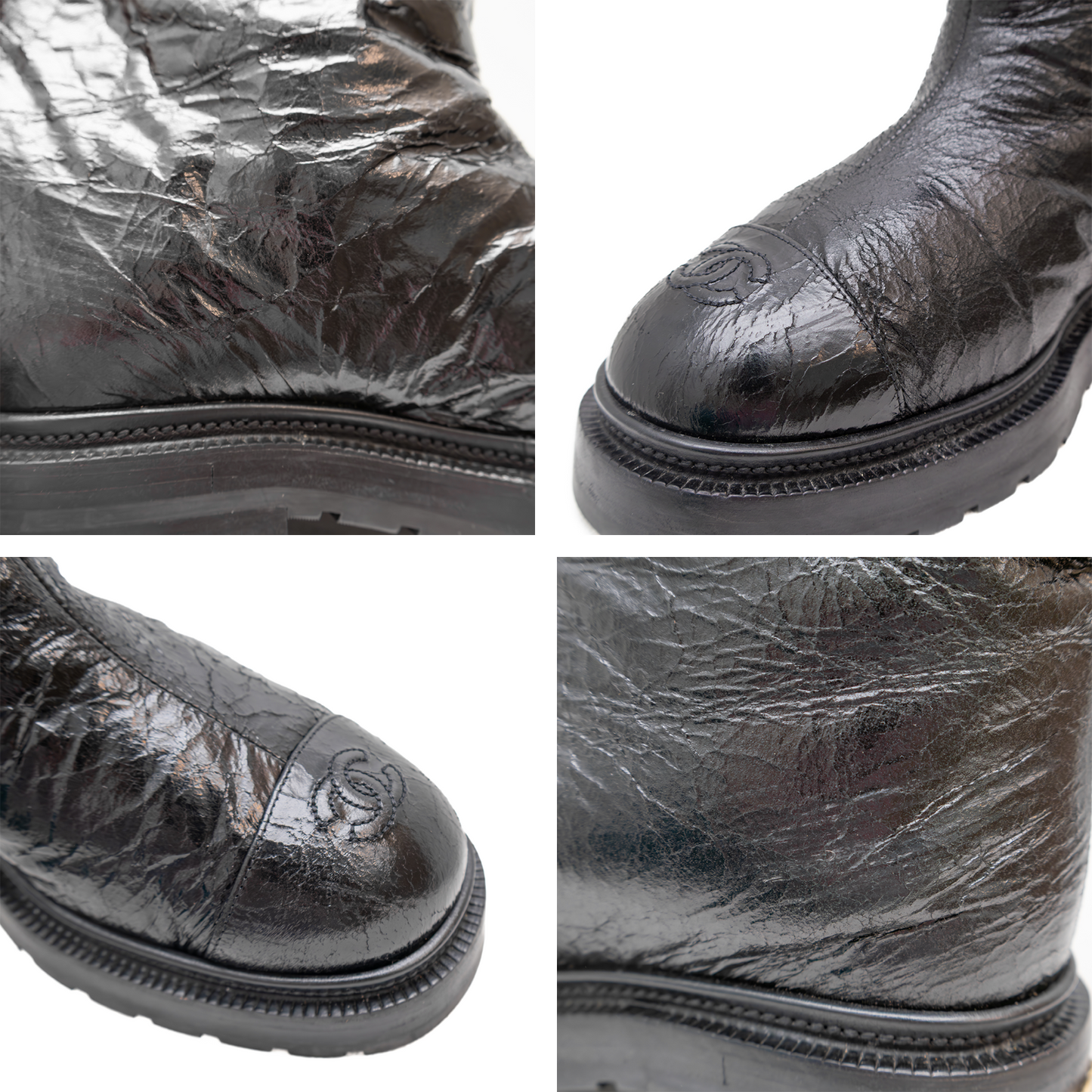Chanel Black Crackled Leather Shearling-Lined Winter Boots – Size 36.5 C/US 6.5