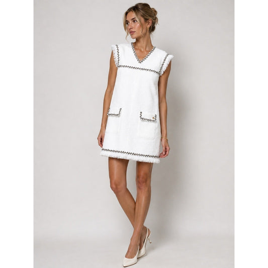 CHANEL White Tweed Sleeveless Dress FR 40 US 8 Fringe Trim CC Owl Button