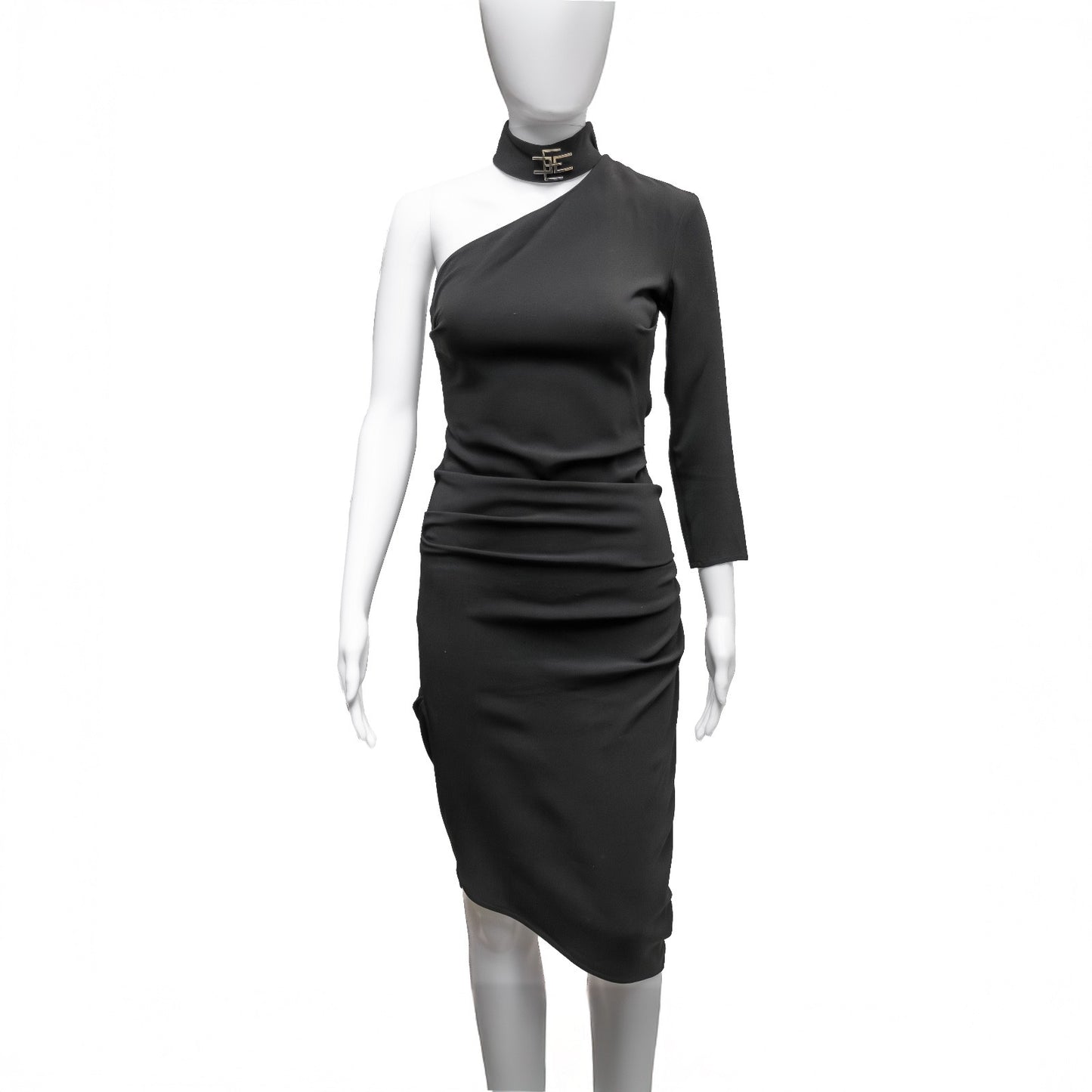 Elisabetta Franchi Black One-Shoulder Asymmetrical Midi Dress – IT 40 / US 4