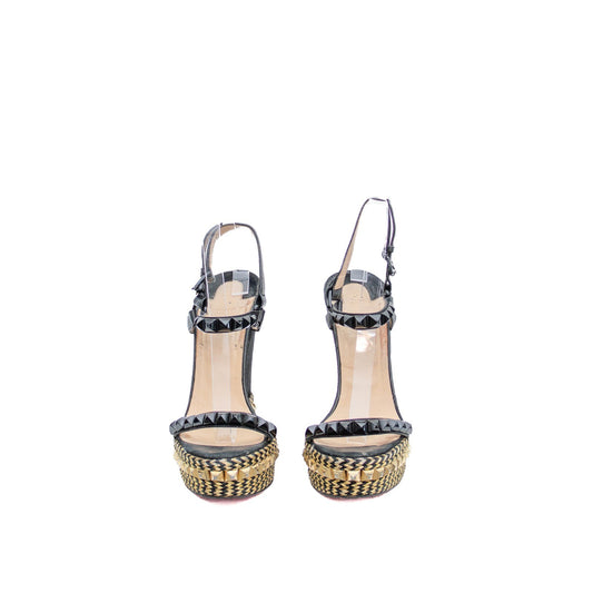 Christian Louboutin Cataclou Studded Wedge Sandals Black Gold Size 41 US 11