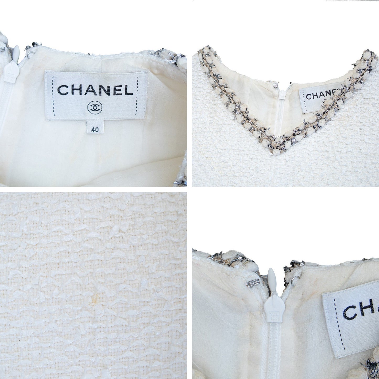 CHANEL White Tweed Sleeveless Dress FR 40 US 8 Fringe Trim CC Owl Button
