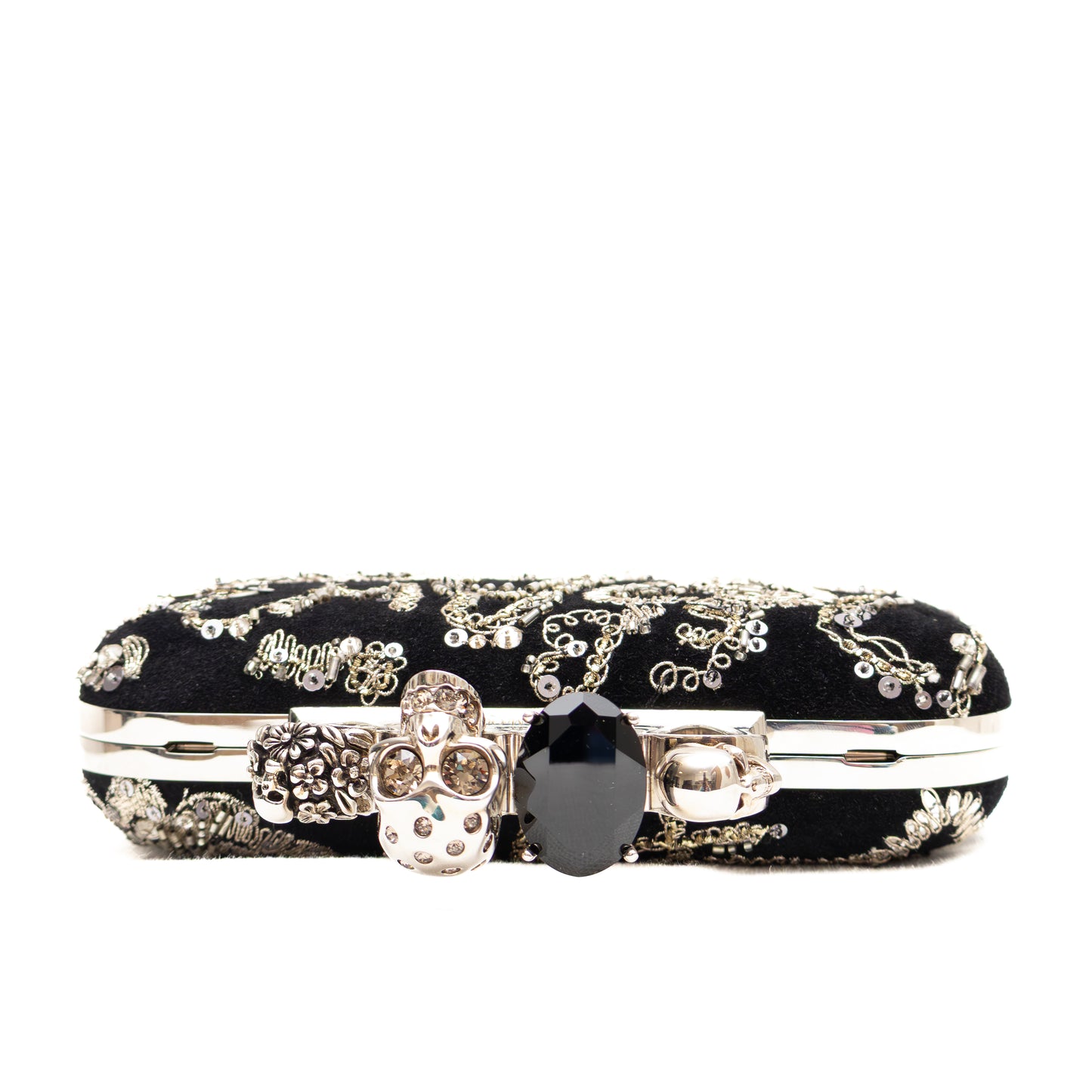 RARE Alexander McQueen Knuckle Box Clutch – Black Velvet with Silver Embellished Graffiti & Skull Ring Clasp