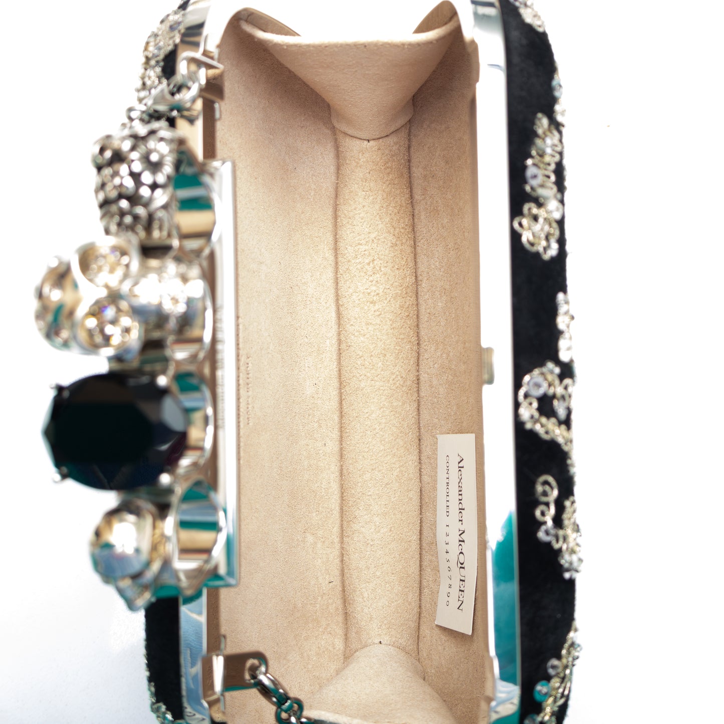 RARE Alexander McQueen Knuckle Box Clutch – Black Velvet with Silver Embellished Graffiti & Skull Ring Clasp