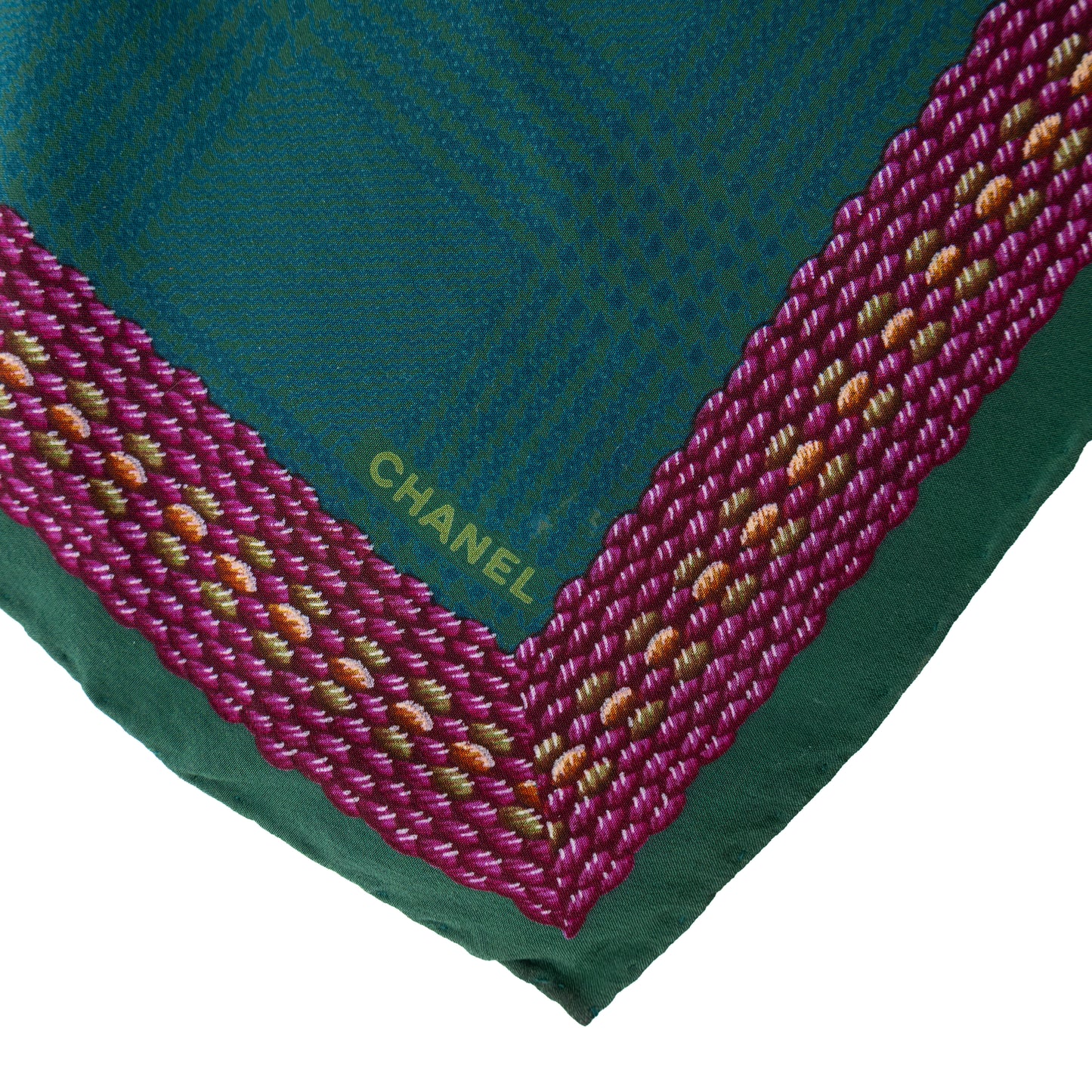 Chanel Vintage Green & Magenta 100% Silk Scarf – Made in Italy – Square Pattern – 33” x 33”