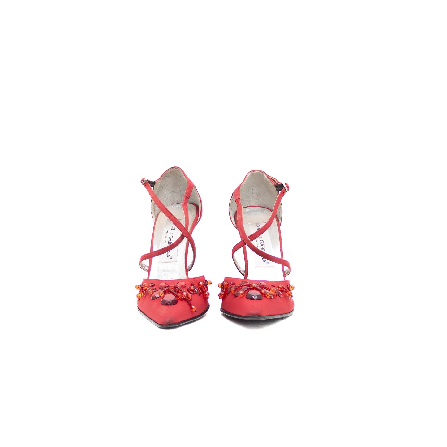 Dolce & Gabbana Red Satin Jeweled Stiletto Heels – Size US 6.5 / UK 4 / EU 36.5