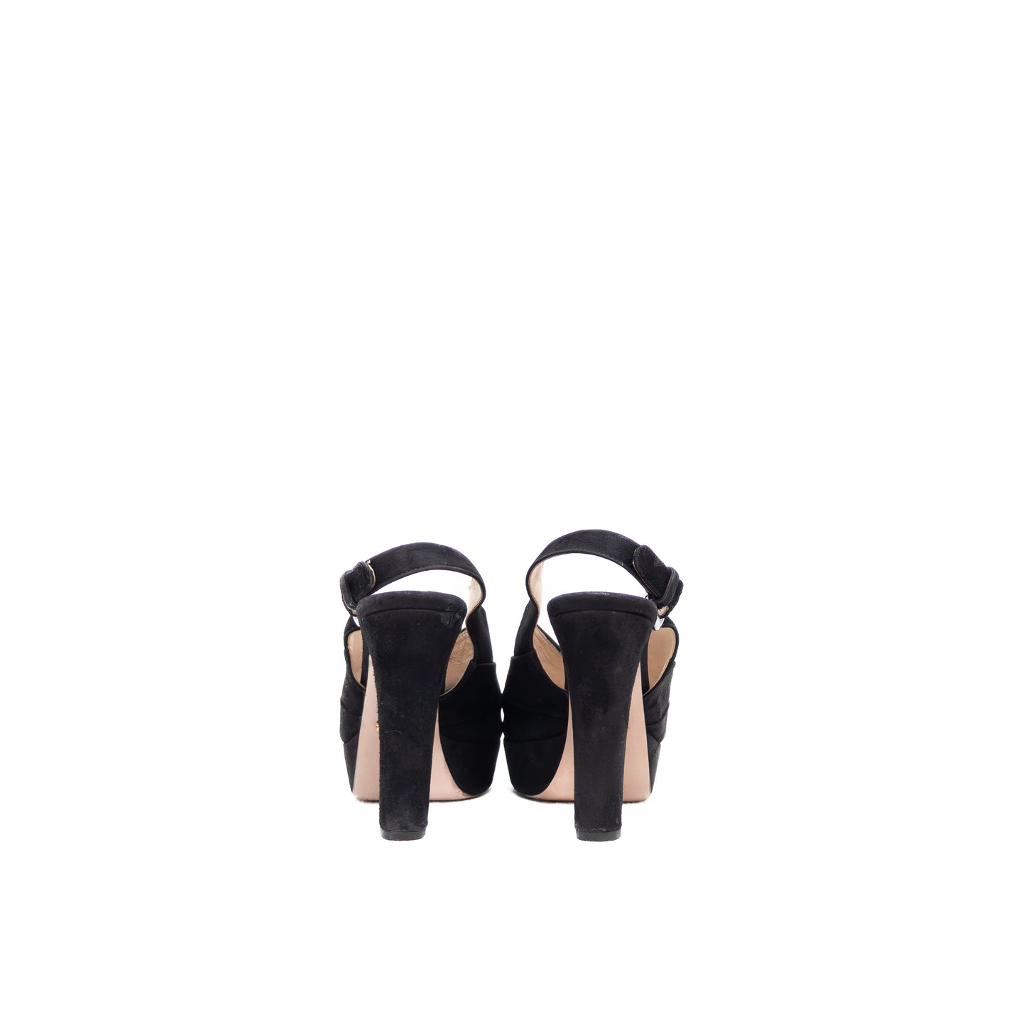 Prada Black Suede Peep-Toe Platform Slingback Heels – Size US 6 / UK 3.5 / EU 36 – Crystal Buckle Detail
