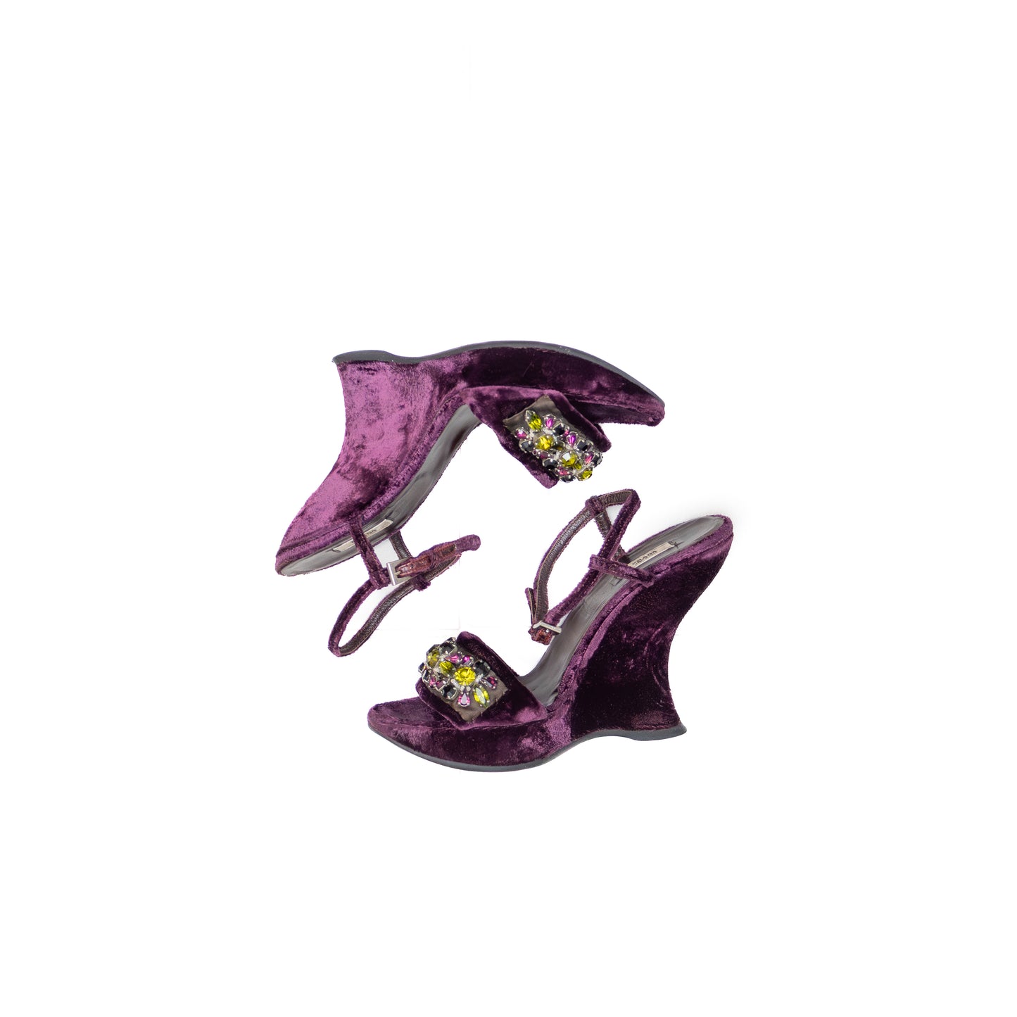 Prada Purple Velvet Sculptural Wedge Sandals – Size US 7 / UK 4.5 / EU 37 – Crystal Embellished