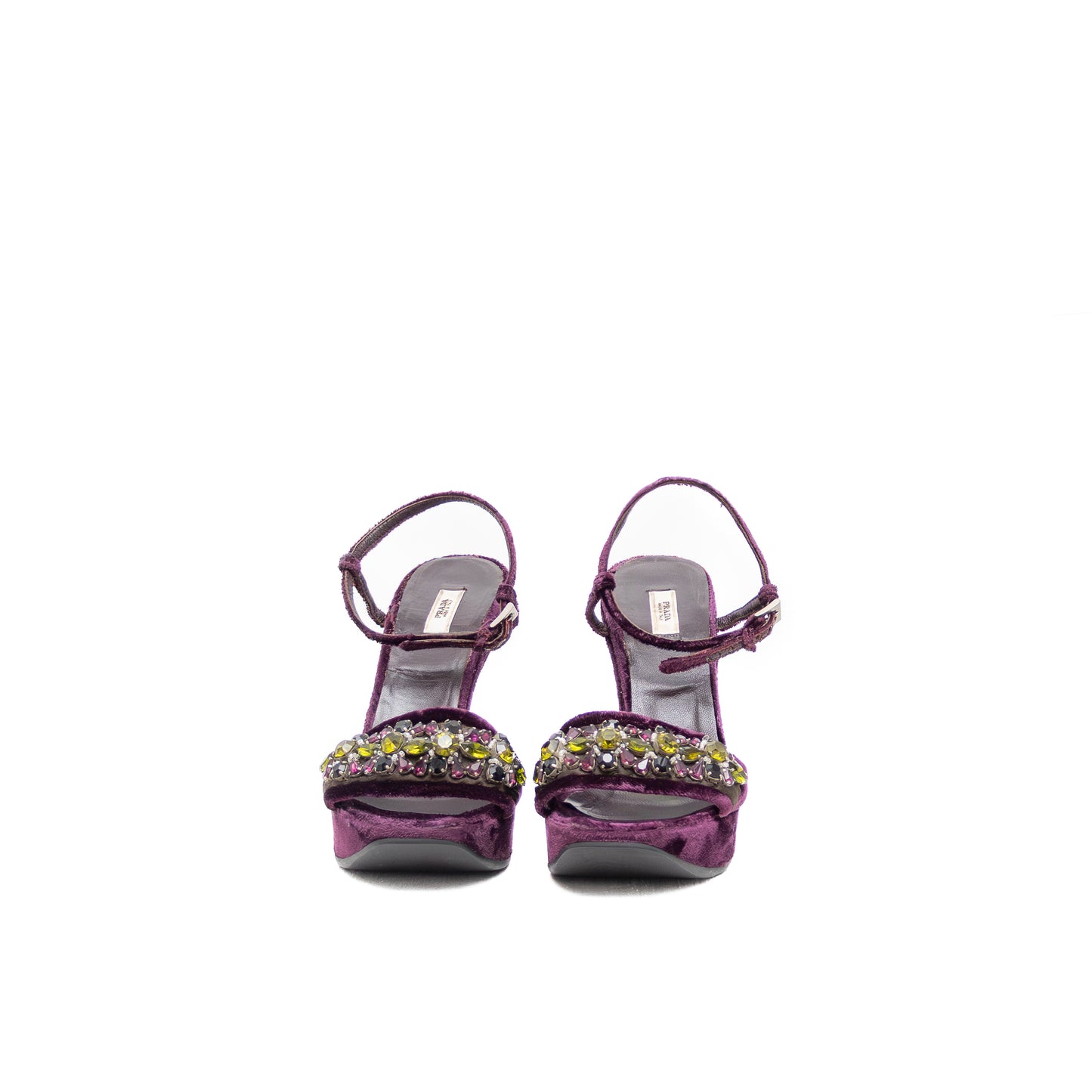 Prada Purple Velvet Sculptural Wedge Sandals – Size US 7 / UK 4.5 / EU 37 – Crystal Embellished
