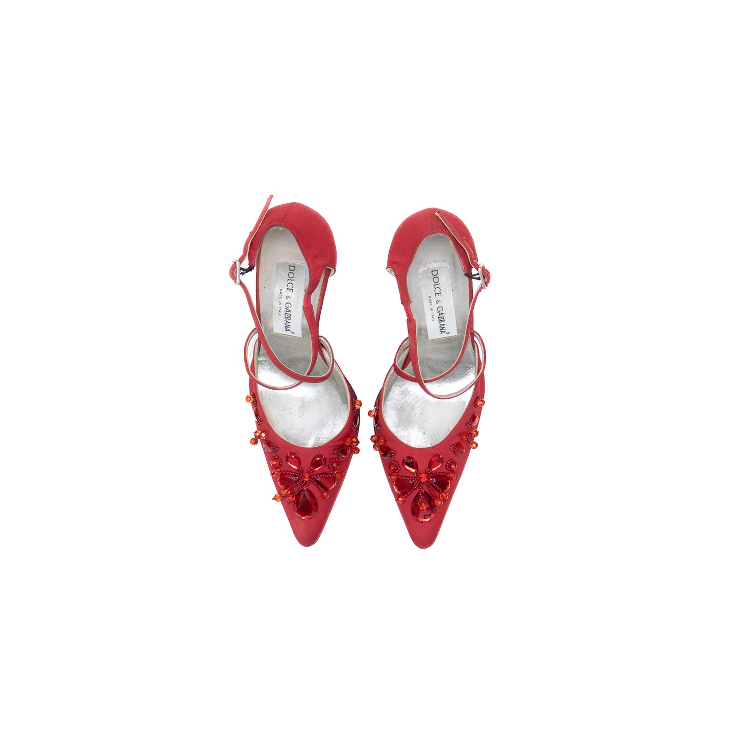 Dolce & Gabbana Red Satin Jeweled Stiletto Heels – Size US 6.5 / UK 4 / EU 36.5