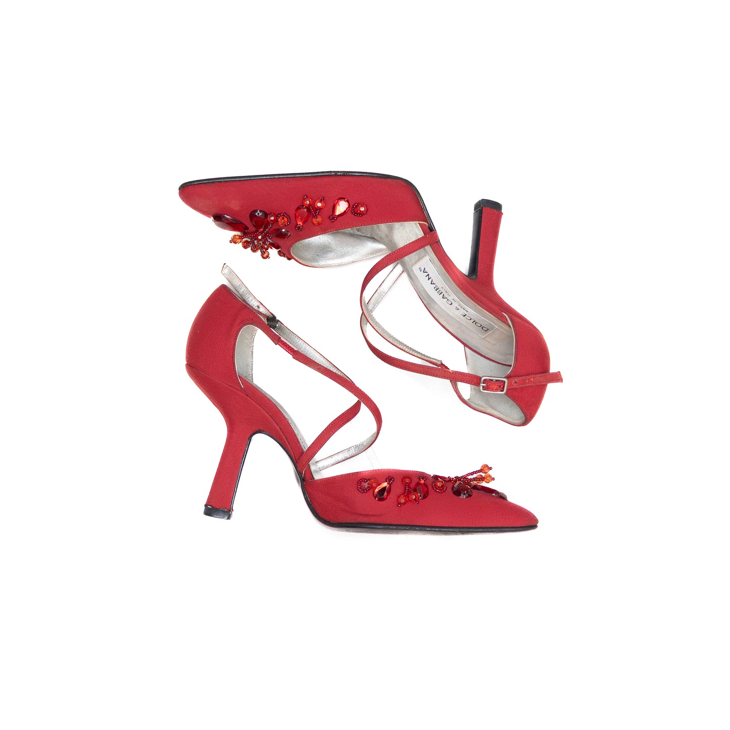 Dolce & Gabbana Red Satin Jeweled Stiletto Heels – Size US 6.5 / UK 4 / EU 36.5