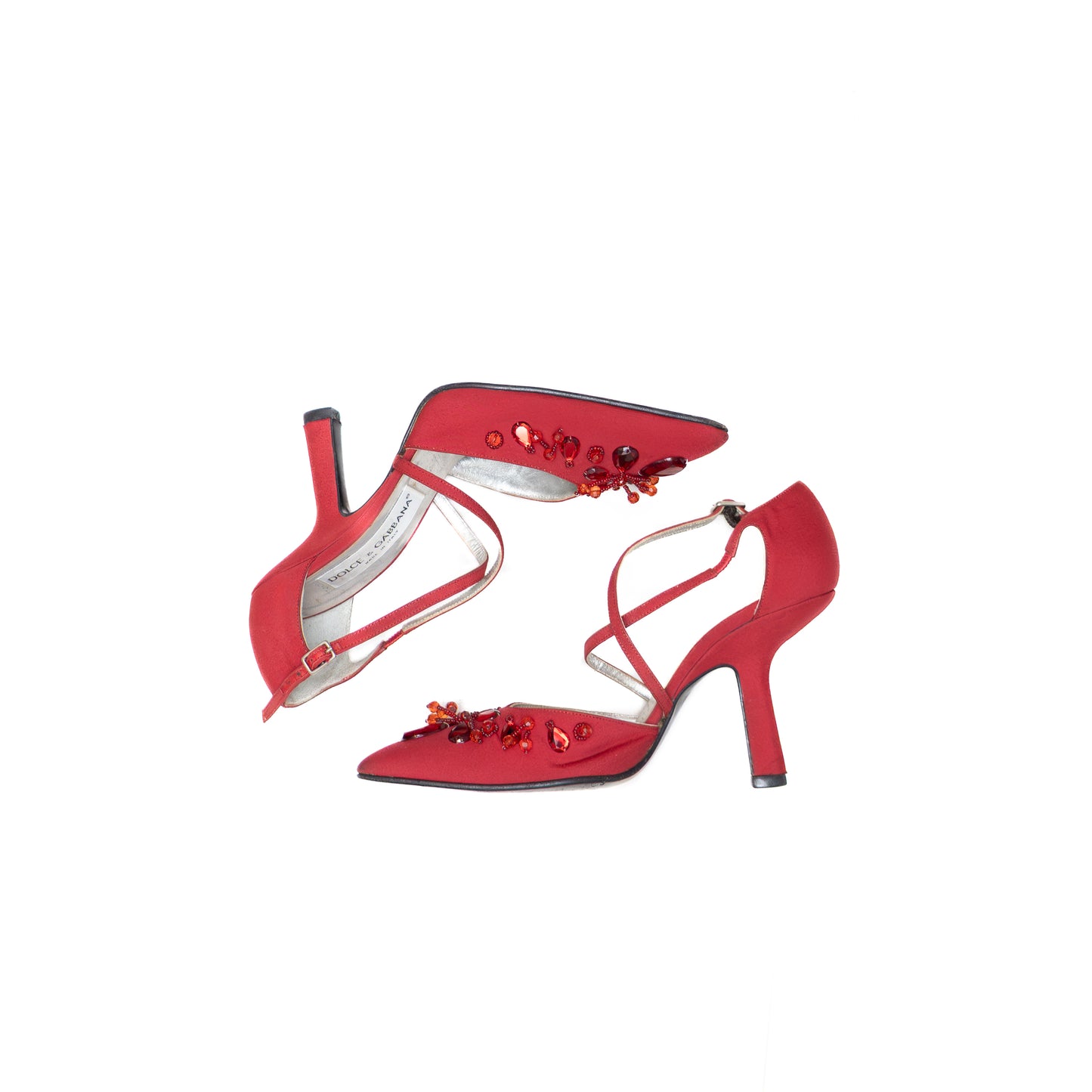Dolce & Gabbana Red Satin Jeweled Stiletto Heels – Size US 6.5 / UK 4 / EU 36.5