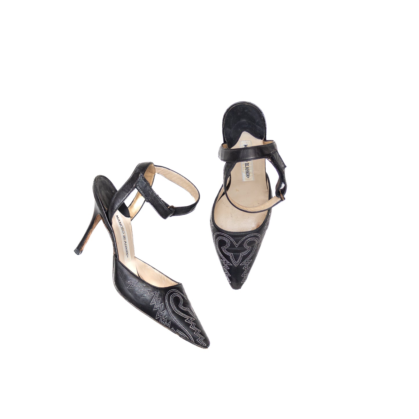 Manolo Blahnik Black Leather Embroidered Ankle-Strap Stiletto Heels – Size EU 36