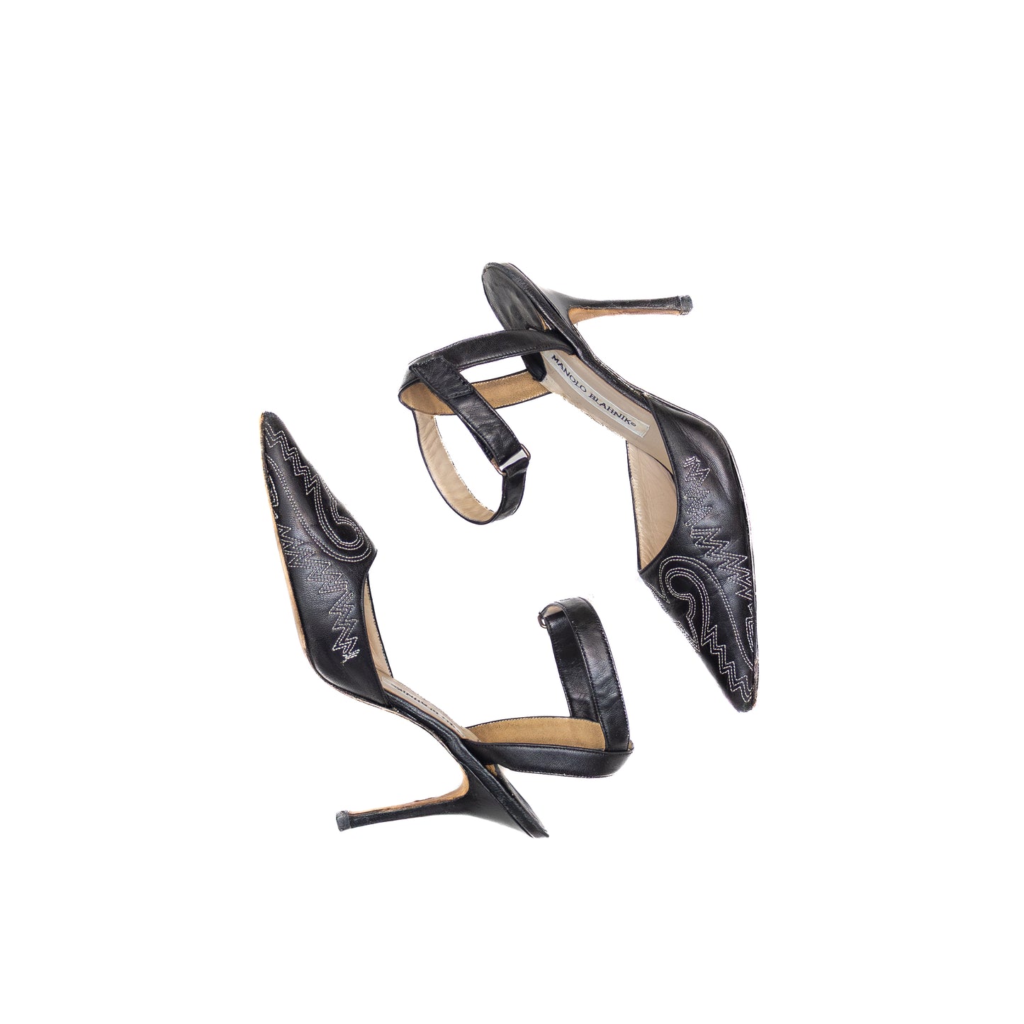 Manolo Blahnik Black Leather Embroidered Ankle-Strap Stiletto Heels – Size EU 36