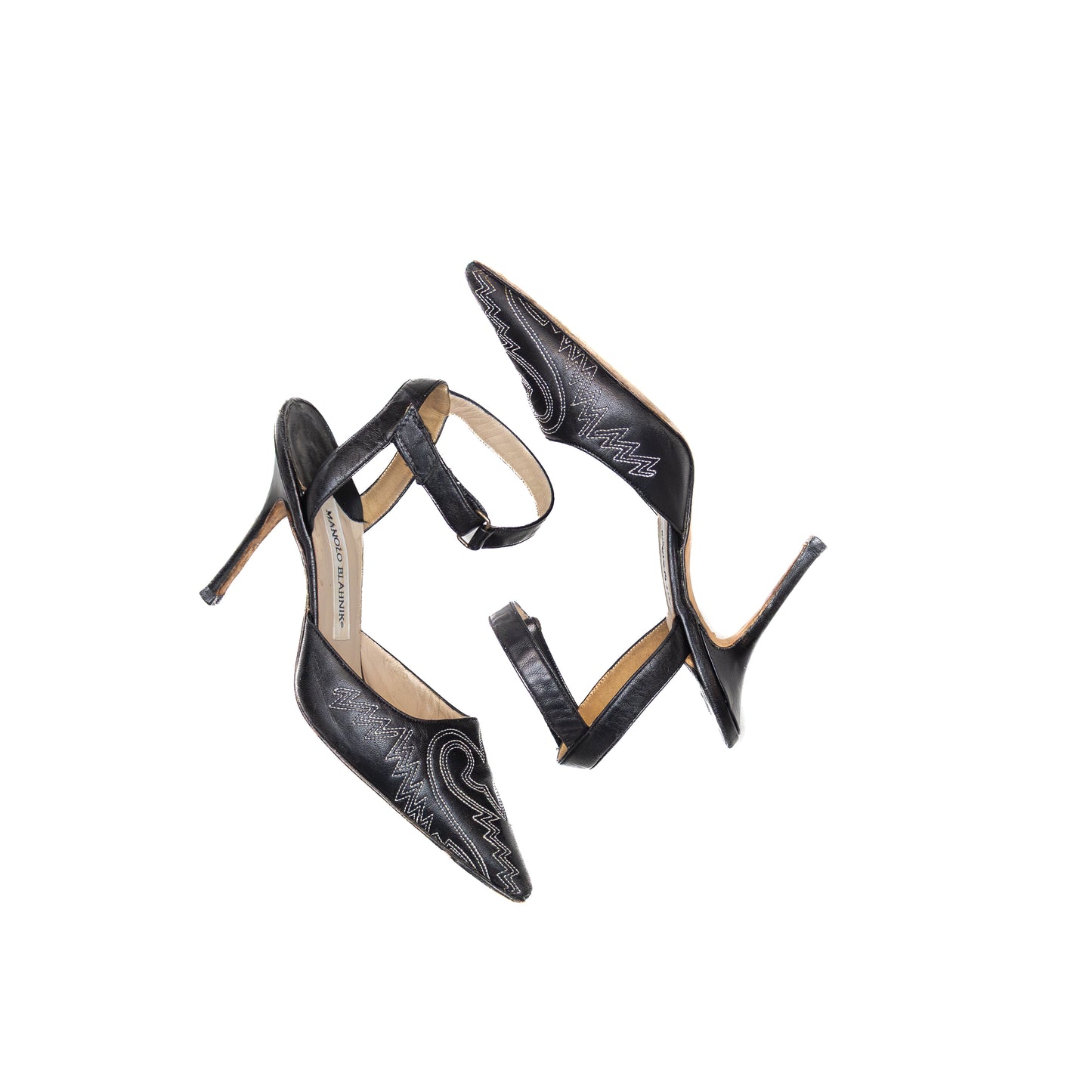 Manolo Blahnik Black Leather Embroidered Ankle-Strap Stiletto Heels – Size EU 36