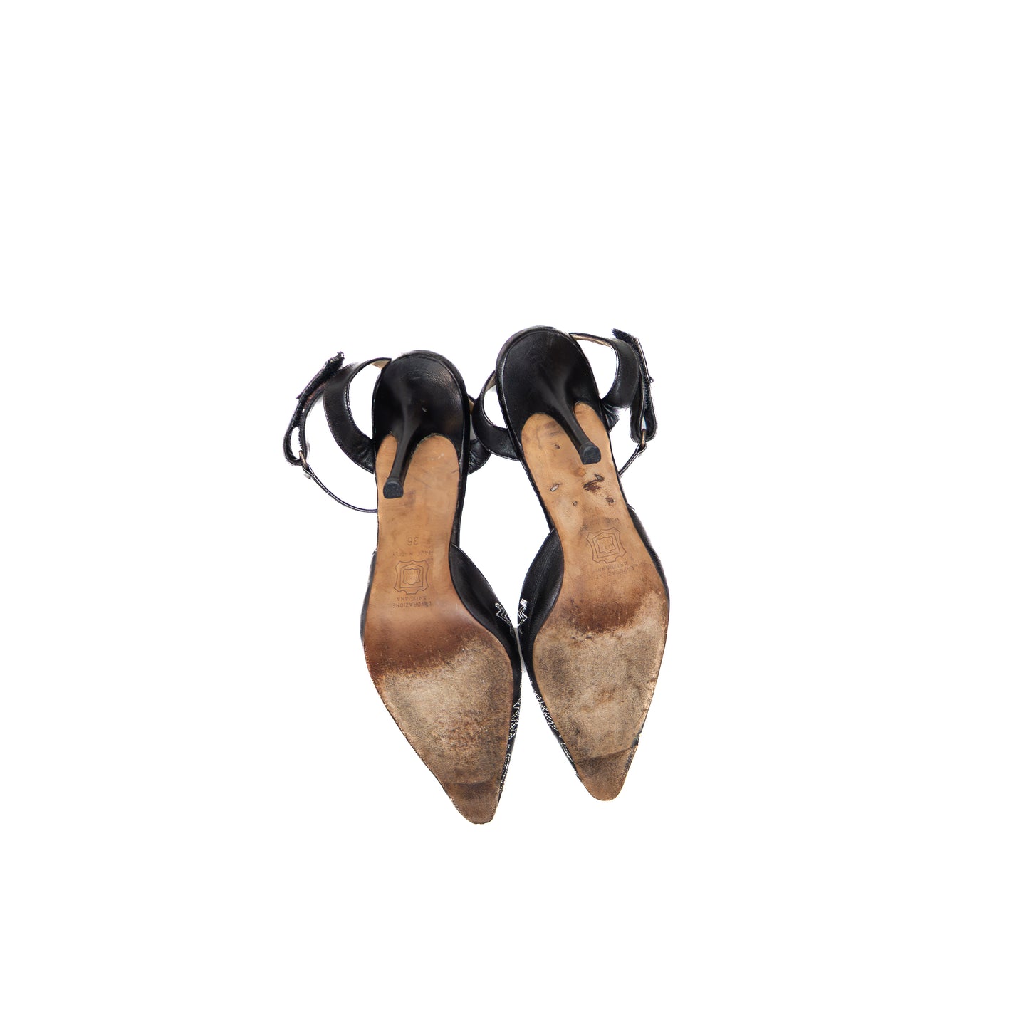 Manolo Blahnik Black Leather Embroidered Ankle-Strap Stiletto Heels – Size EU 36