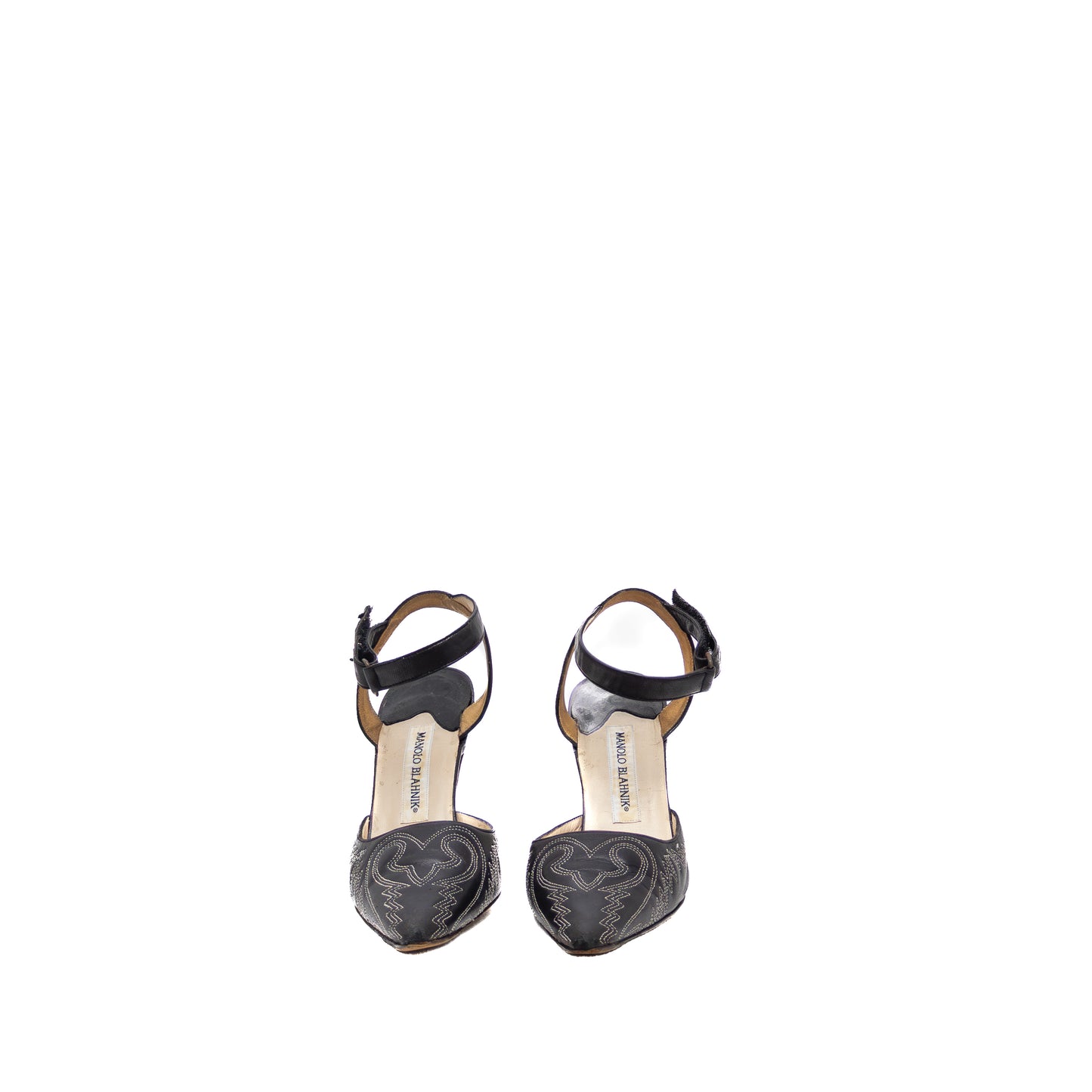 Manolo Blahnik Black Leather Embroidered Ankle-Strap Stiletto Heels – Size EU 36