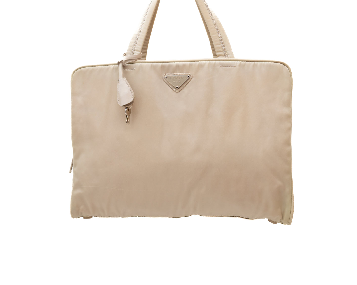 RARE PRADA LOGO TESSUTO NYLON DOUBLE HANDLE HANDBAG PADLOCK KEYS BEIGE