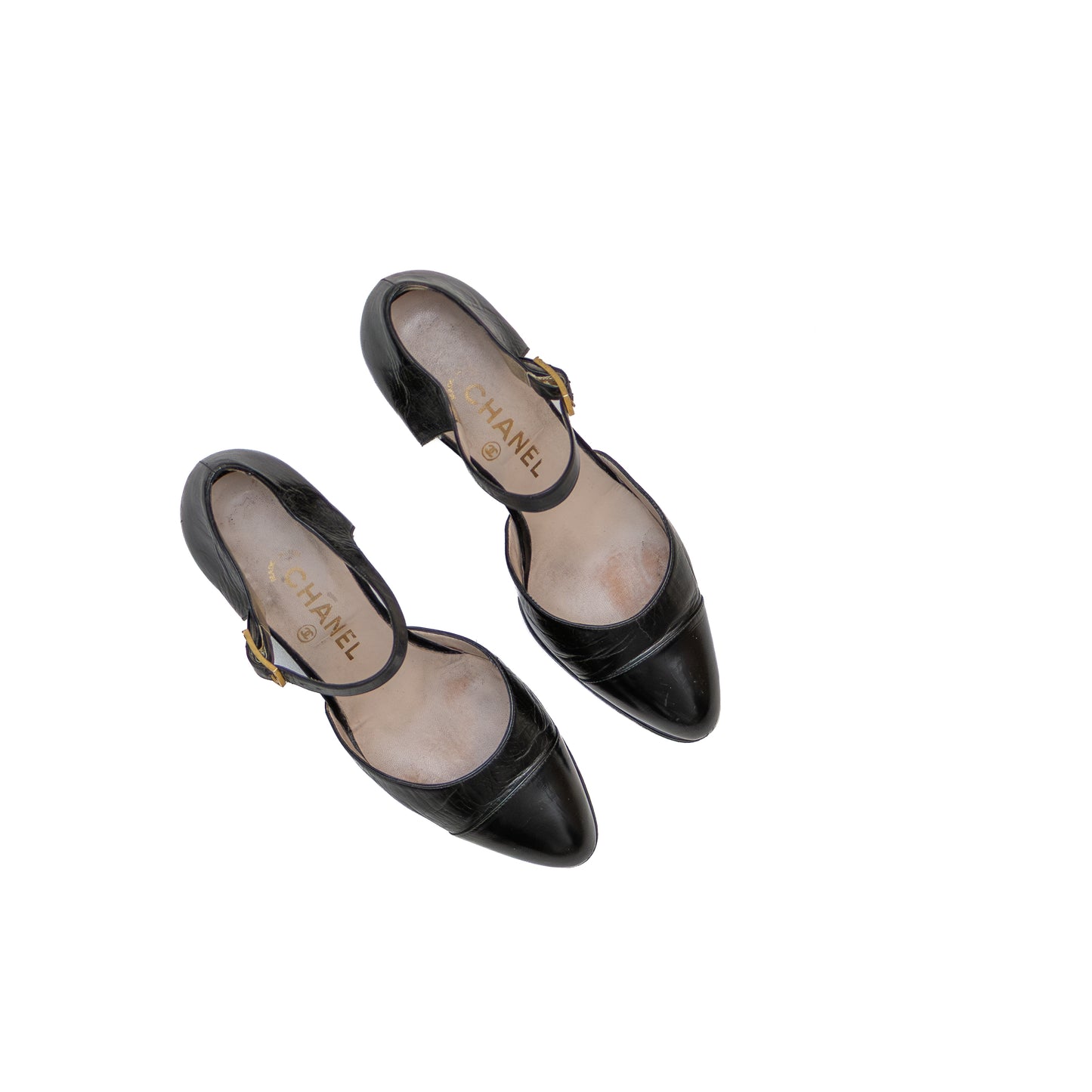 Vintage Chanel Black Leather Mary Jane Heels with Sculpted Heel – Size 35.5 (US 5.5 / UK 3 / EU 35.5)