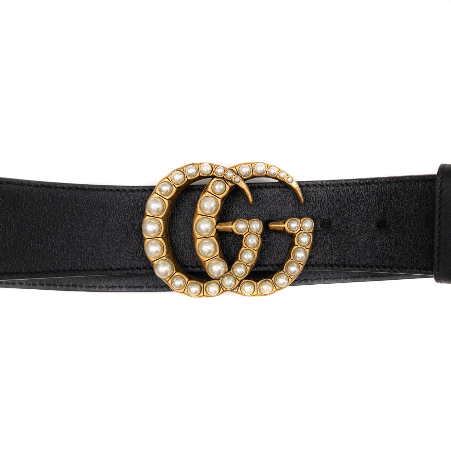 Gucci Pearl GG Buckle Belt Black Leather Gold Size 90cm 36 US