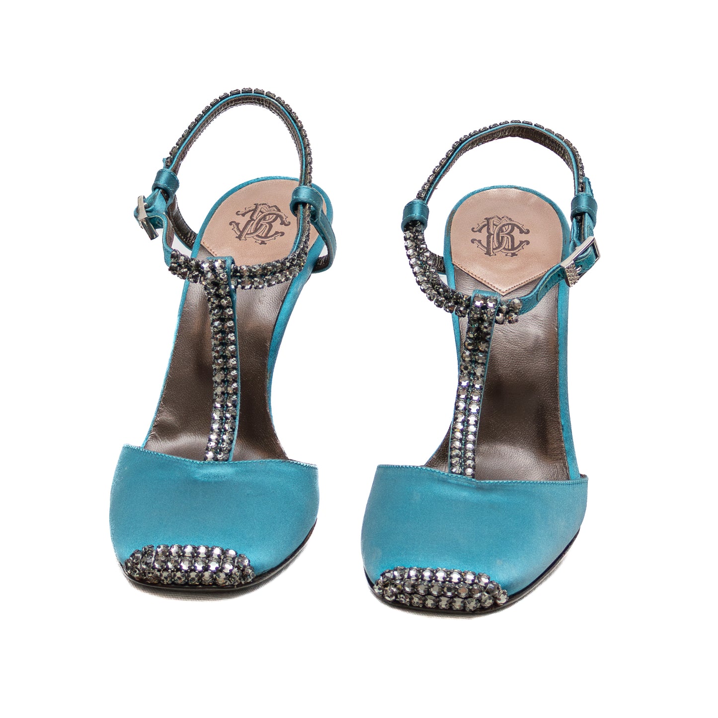 Roberto Cavalli Teal Satin Crystal Embellished Heels – Size 36 (US 6 / UK 3.5 / EU 36)