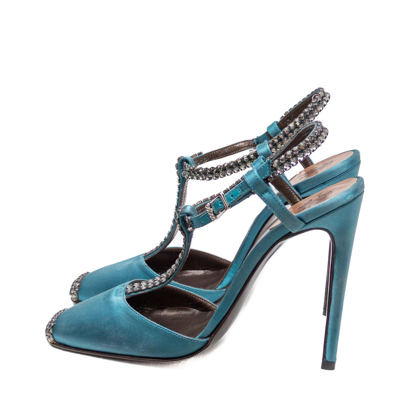 Roberto Cavalli Teal Satin Crystal Embellished Heels – Size 36 (US 6 / UK 3.5 / EU 36)