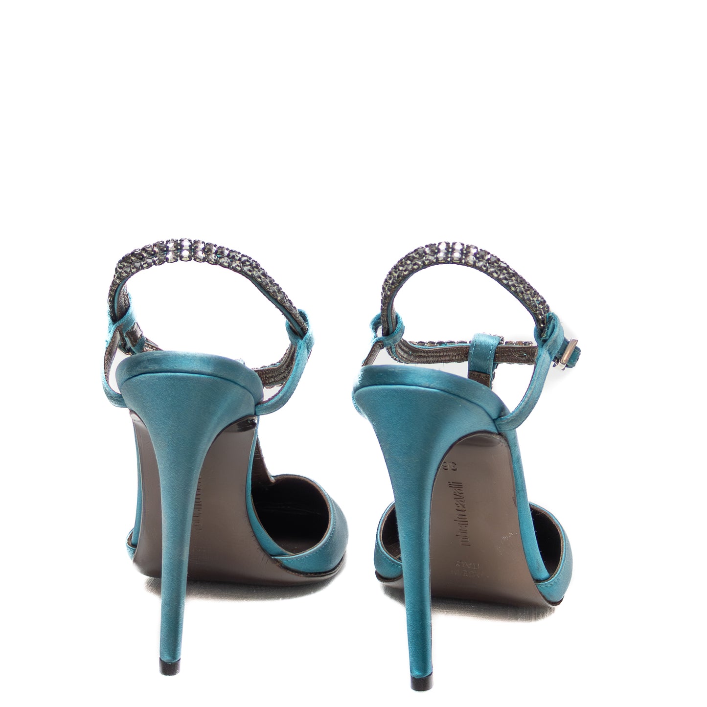 Roberto Cavalli Teal Satin Crystal Embellished Heels – Size 36 (US 6 / UK 3.5 / EU 36)