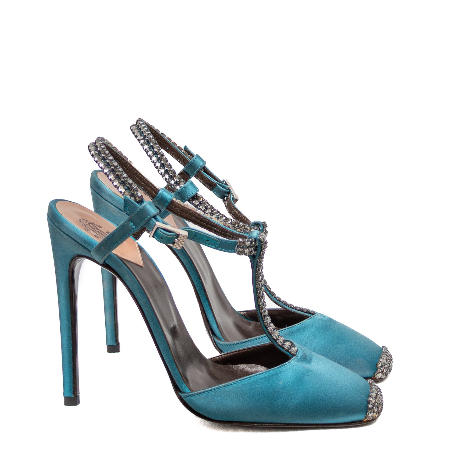 Roberto Cavalli Teal Satin Crystal Embellished Heels – Size 36 (US 6 / UK 3.5 / EU 36)