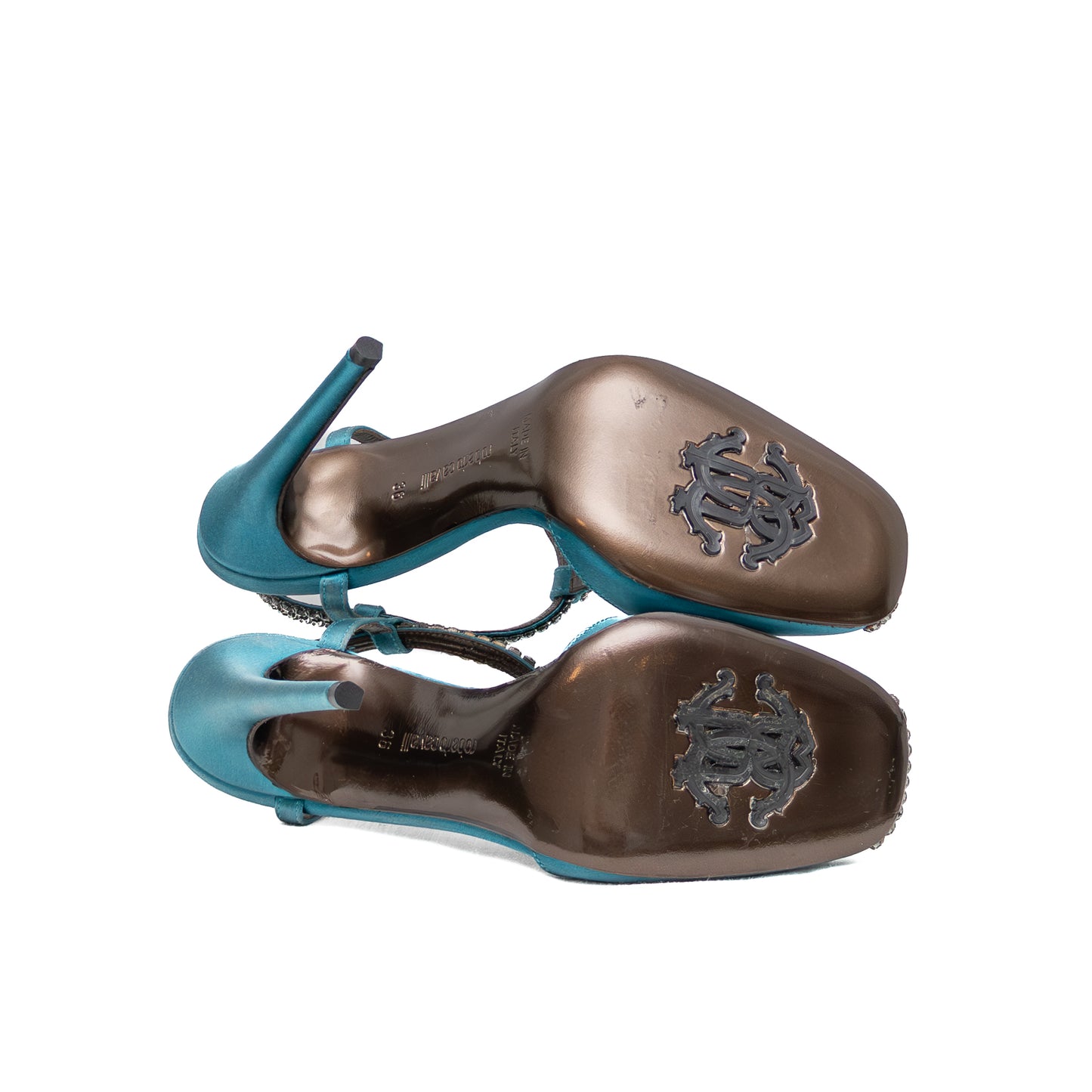 Roberto Cavalli Teal Satin Crystal Embellished Heels – Size 36 (US 6 / UK 3.5 / EU 36)