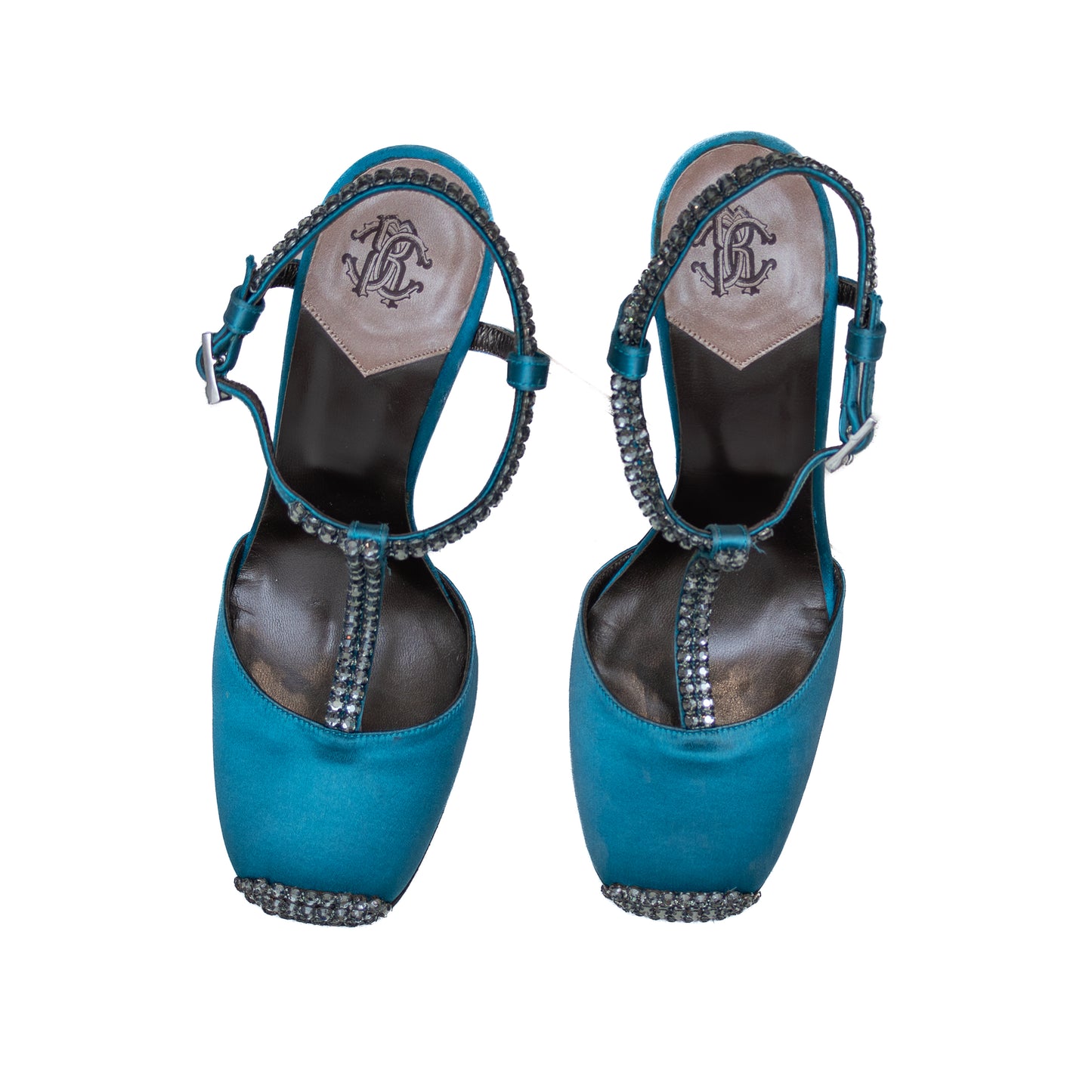 Roberto Cavalli Teal Satin Crystal Embellished Heels – Size 36 (US 6 / UK 3.5 / EU 36)