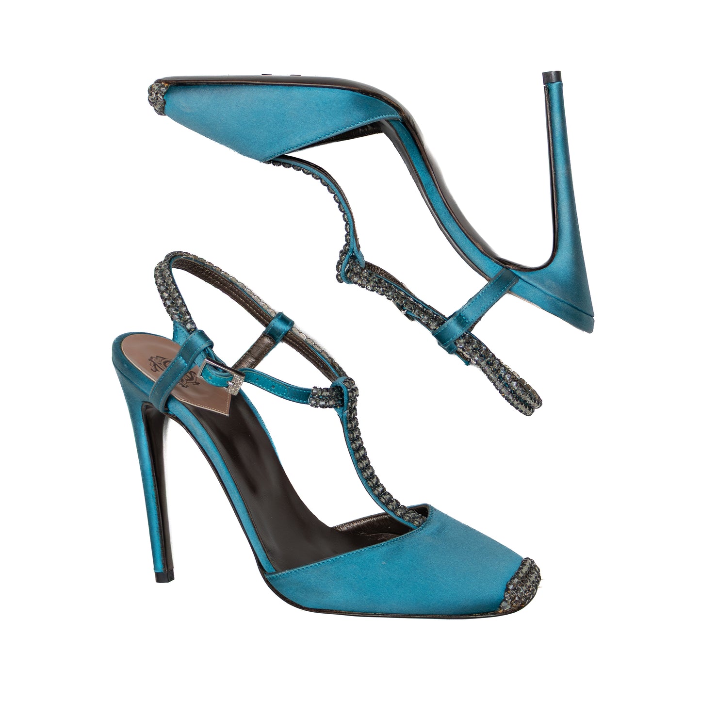 Roberto Cavalli Teal Satin Crystal Embellished Heels – Size 36 (US 6 / UK 3.5 / EU 36)