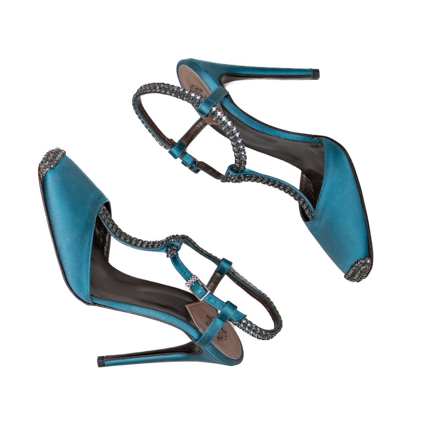 Roberto Cavalli Teal Satin Crystal Embellished Heels – Size 36 (US 6 / UK 3.5 / EU 36)