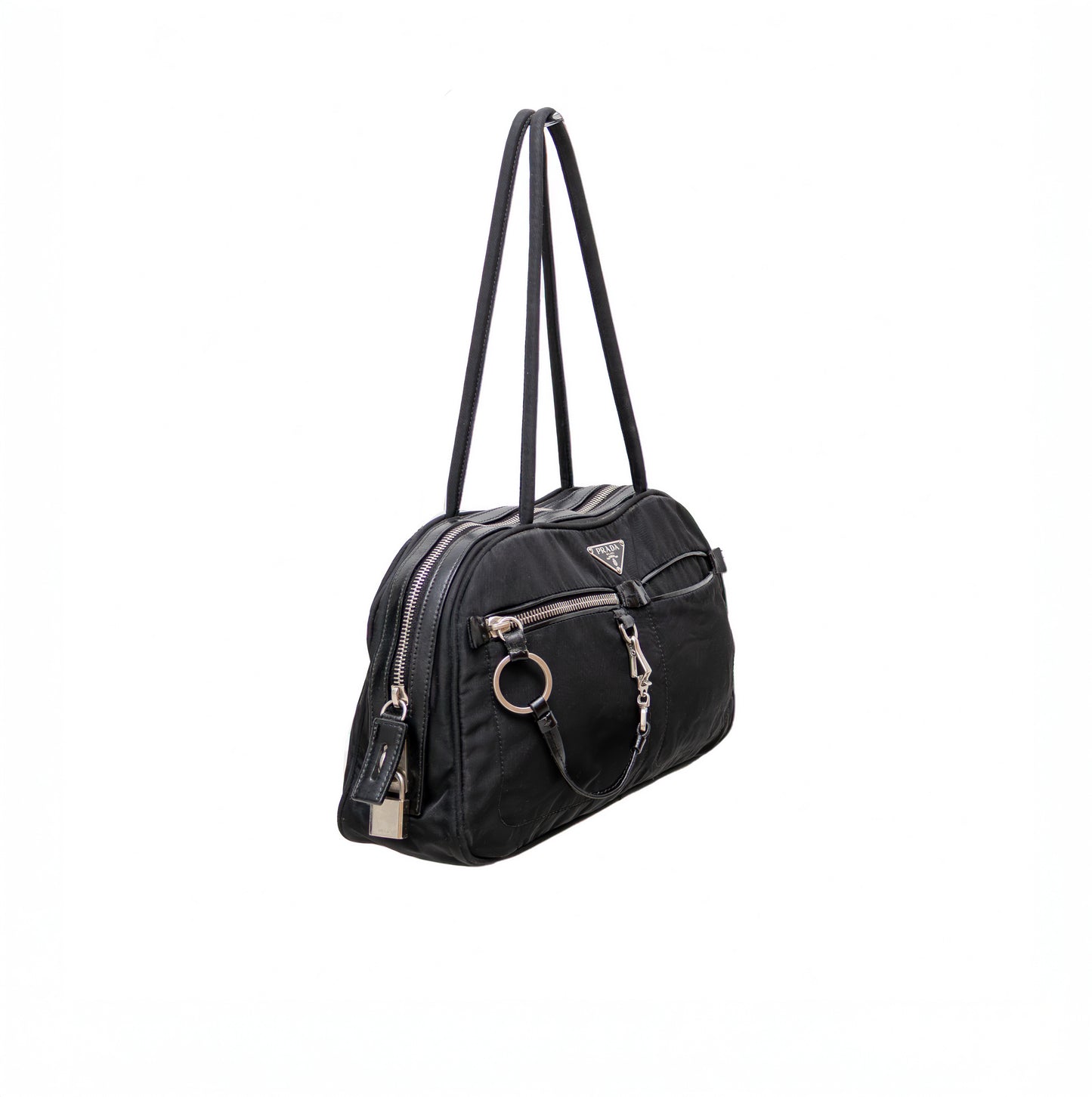 Vintage Prada Tessuto Black Nylon Front Zipper Pocket Mini Boston Bag