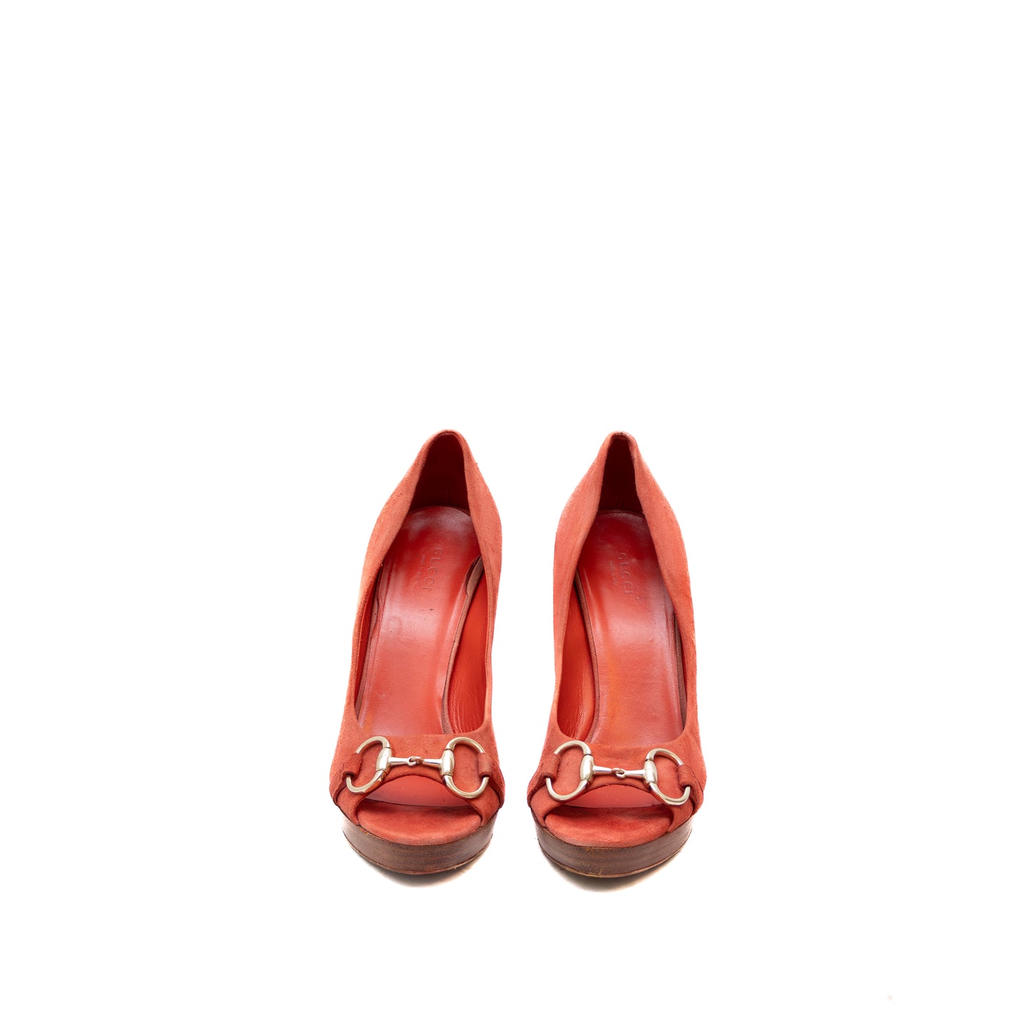 Gucci Horsebit Peep Toe Platform Pumps – Orange Suede – Size 8.5B US / 39 EU / 6.5 UK