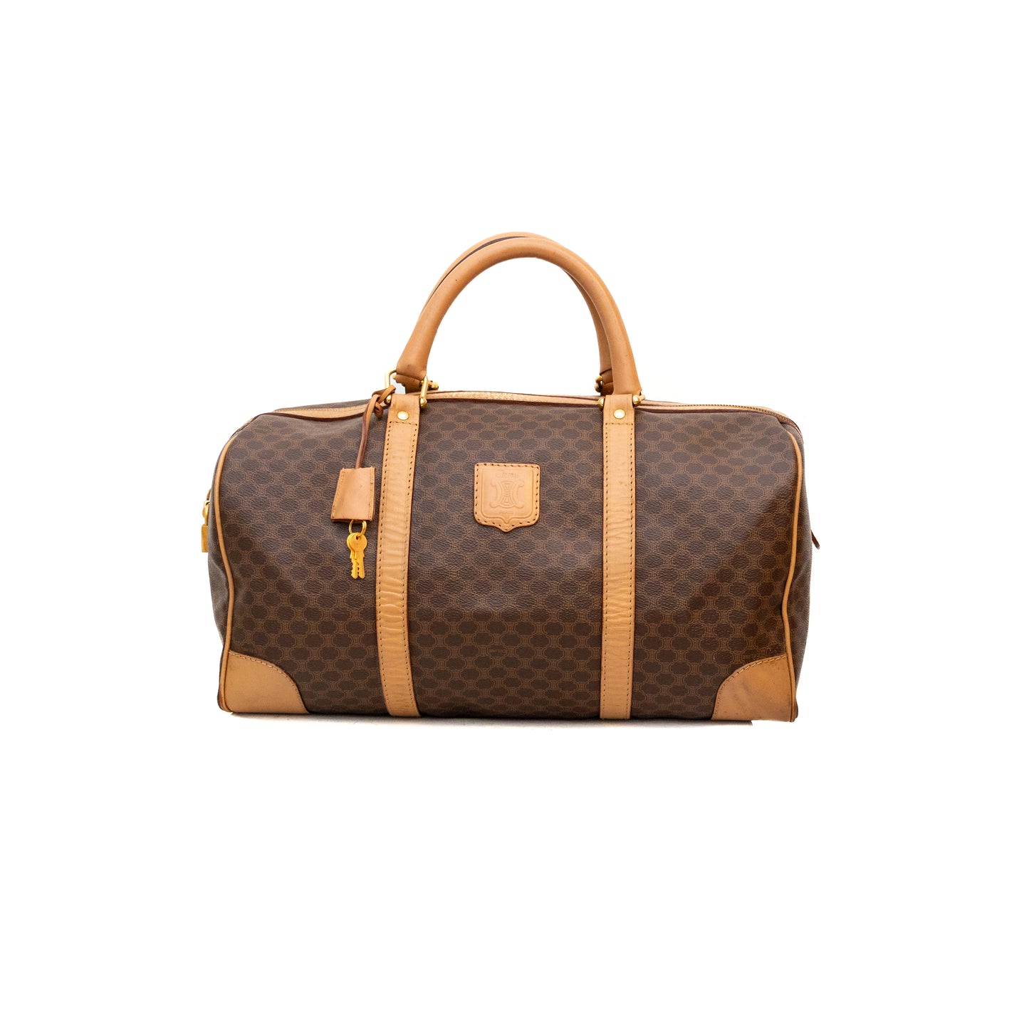Vintage Celine Macadam Coated Canvas Boston Travel Bag with Padlock & Key – M14