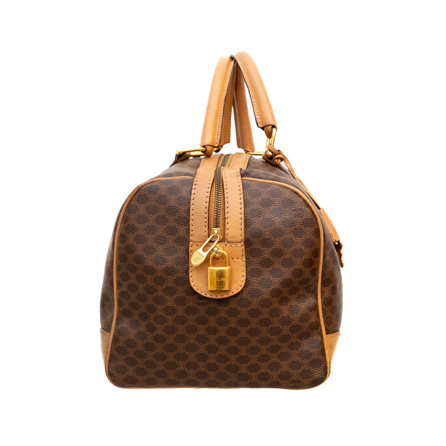 Vintage Celine Macadam Coated Canvas Boston Travel Bag with Padlock & Key – M14