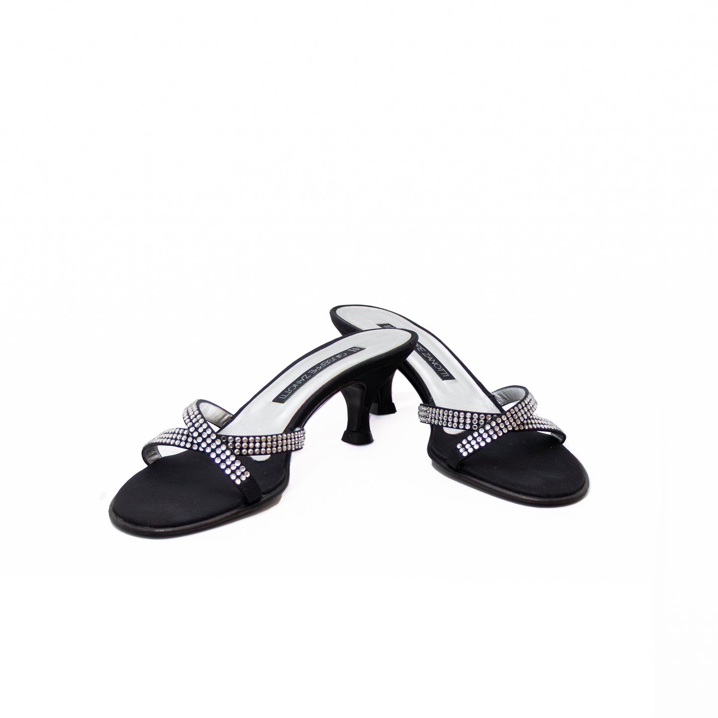 Giuseppe Zanotti Black Satin Rhinestone Slide Sandals – Size US 8