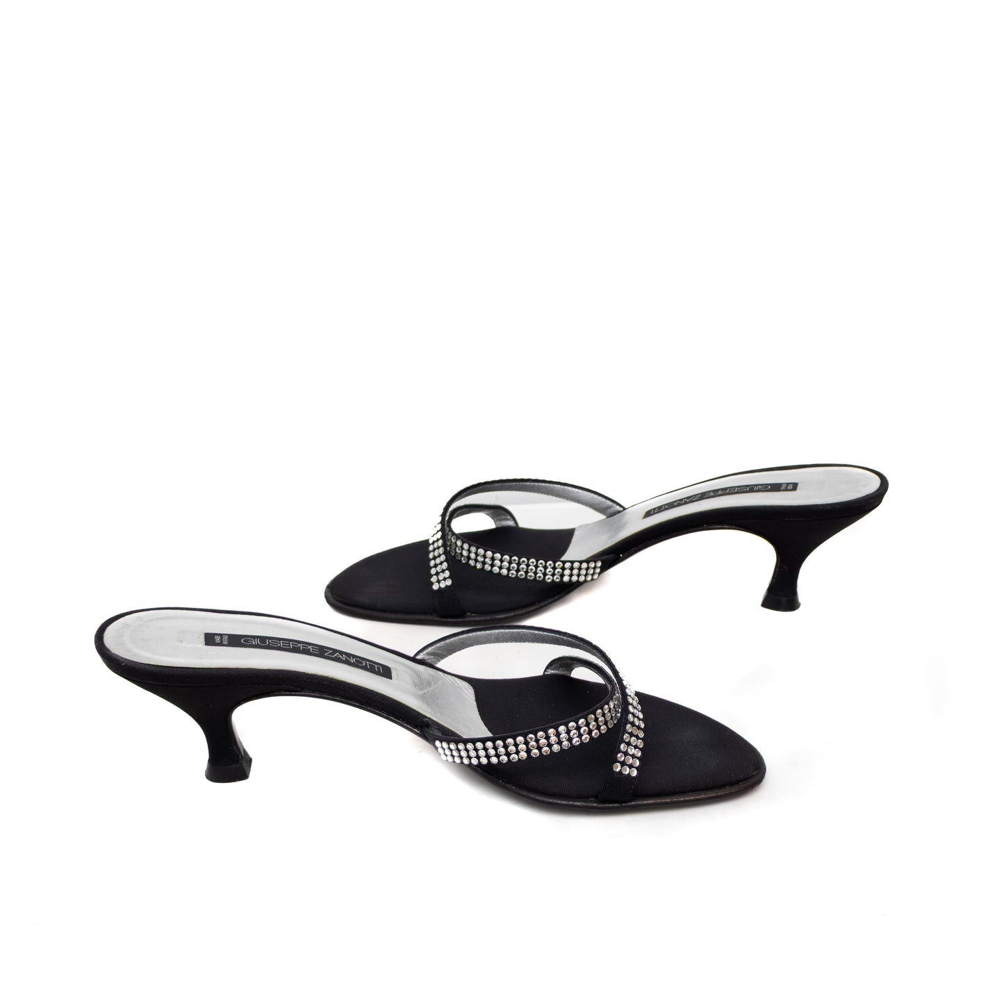 Giuseppe Zanotti Black Satin Rhinestone Slide Sandals – Size US 8