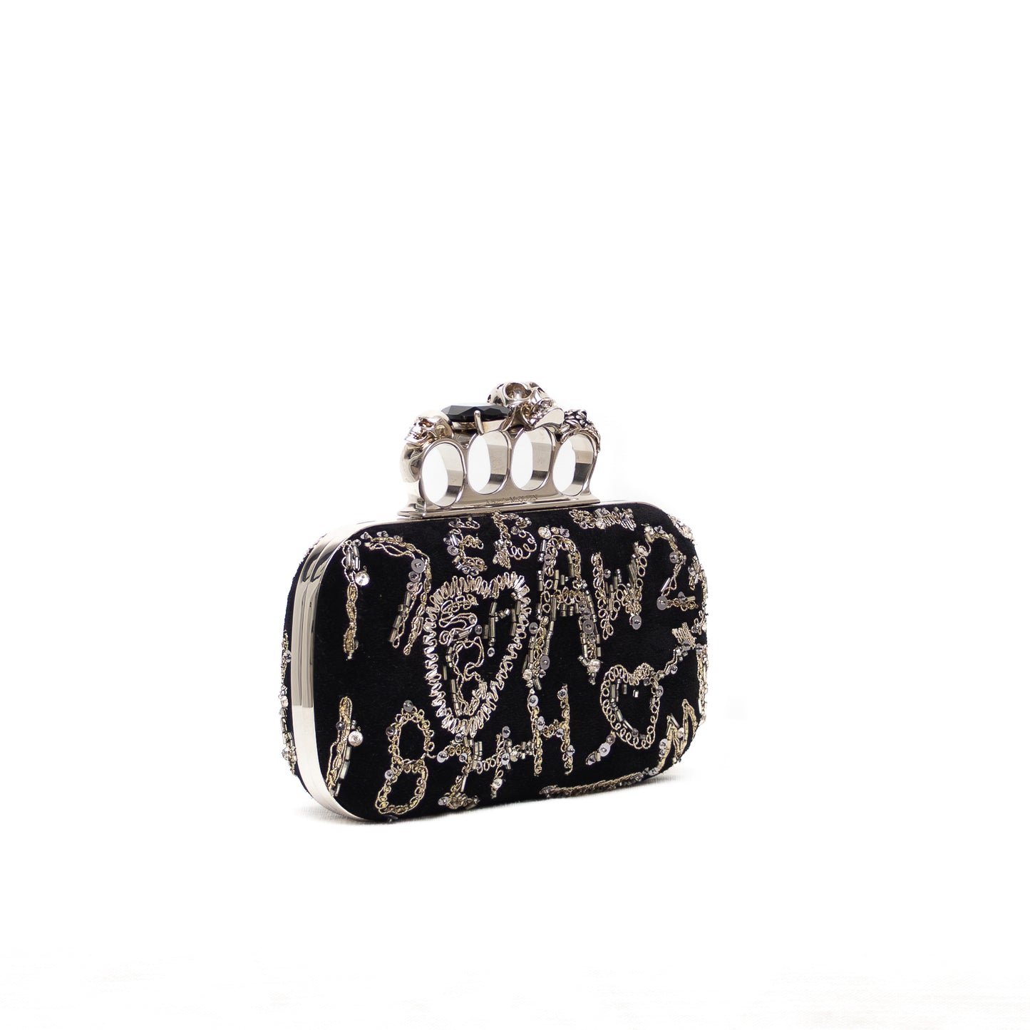RARE Alexander McQueen Knuckle Box Clutch – Black Velvet with Silver Embellished Graffiti & Skull Ring Clasp