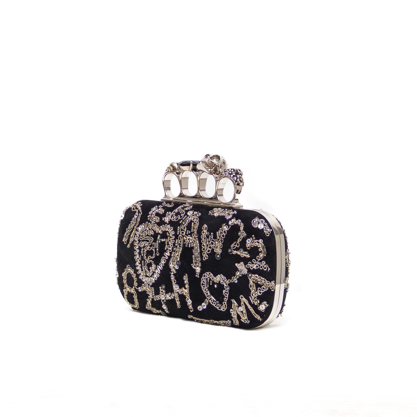 RARE Alexander McQueen Knuckle Box Clutch – Black Velvet with Silver Embellished Graffiti & Skull Ring Clasp