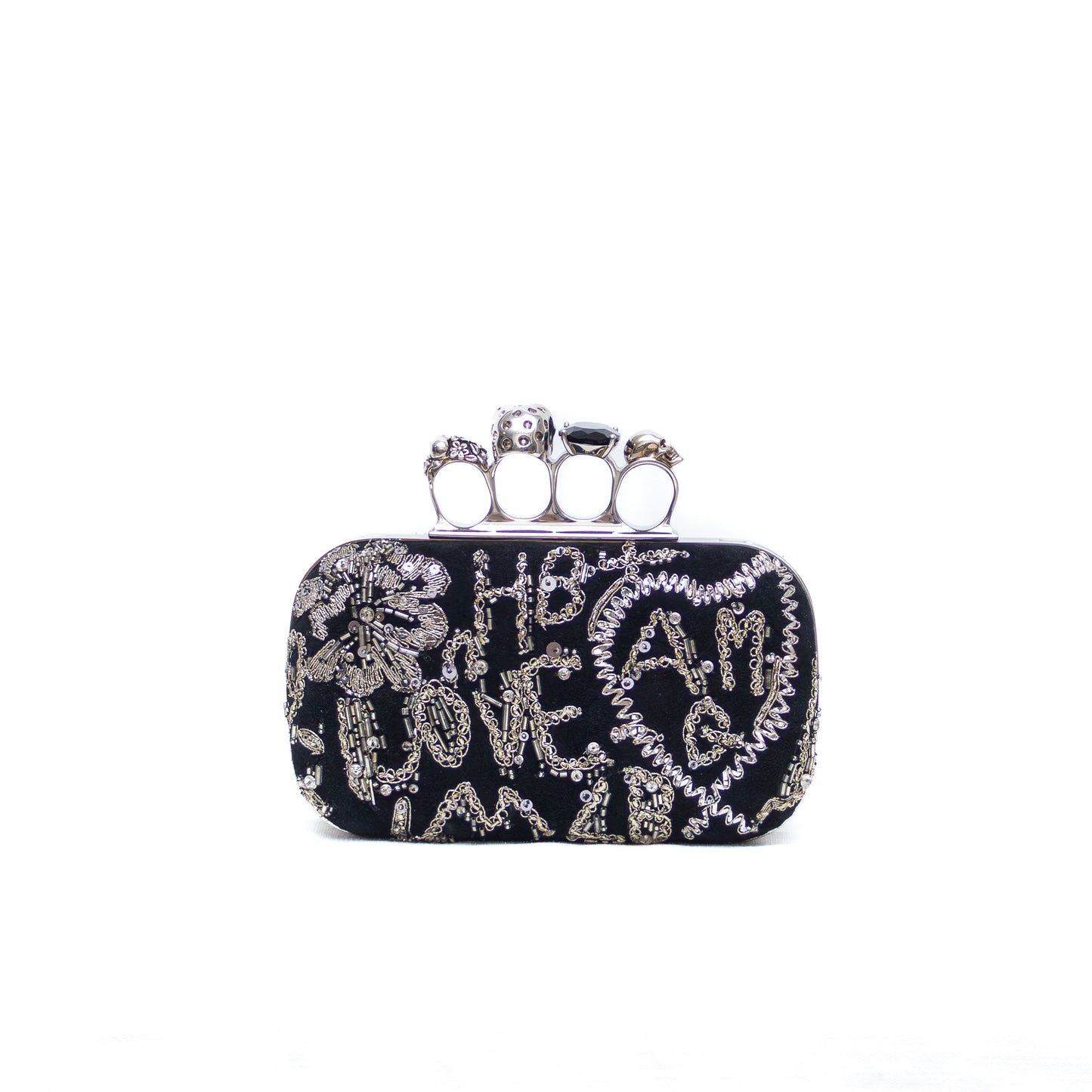 RARE Alexander McQueen Knuckle Box Clutch – Black Velvet with Silver Embellished Graffiti & Skull Ring Clasp