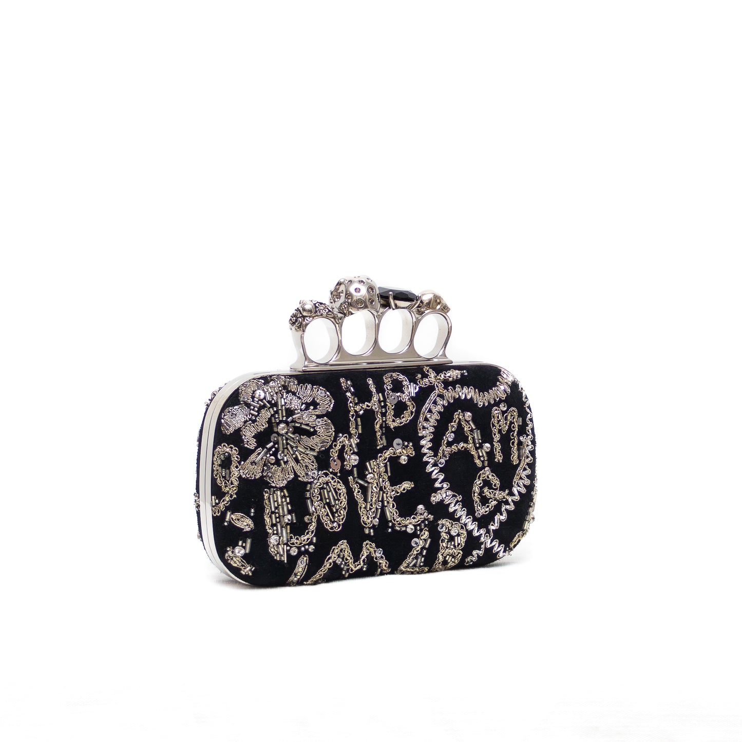 RARE Alexander McQueen Knuckle Box Clutch – Black Velvet with Silver Embellished Graffiti & Skull Ring Clasp