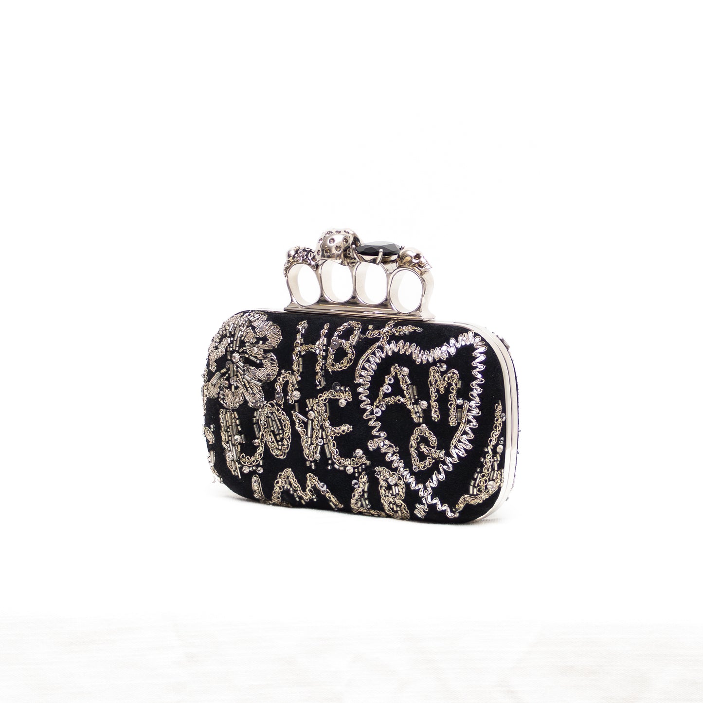 RARE Alexander McQueen Knuckle Box Clutch – Black Velvet with Silver Embellished Graffiti & Skull Ring Clasp