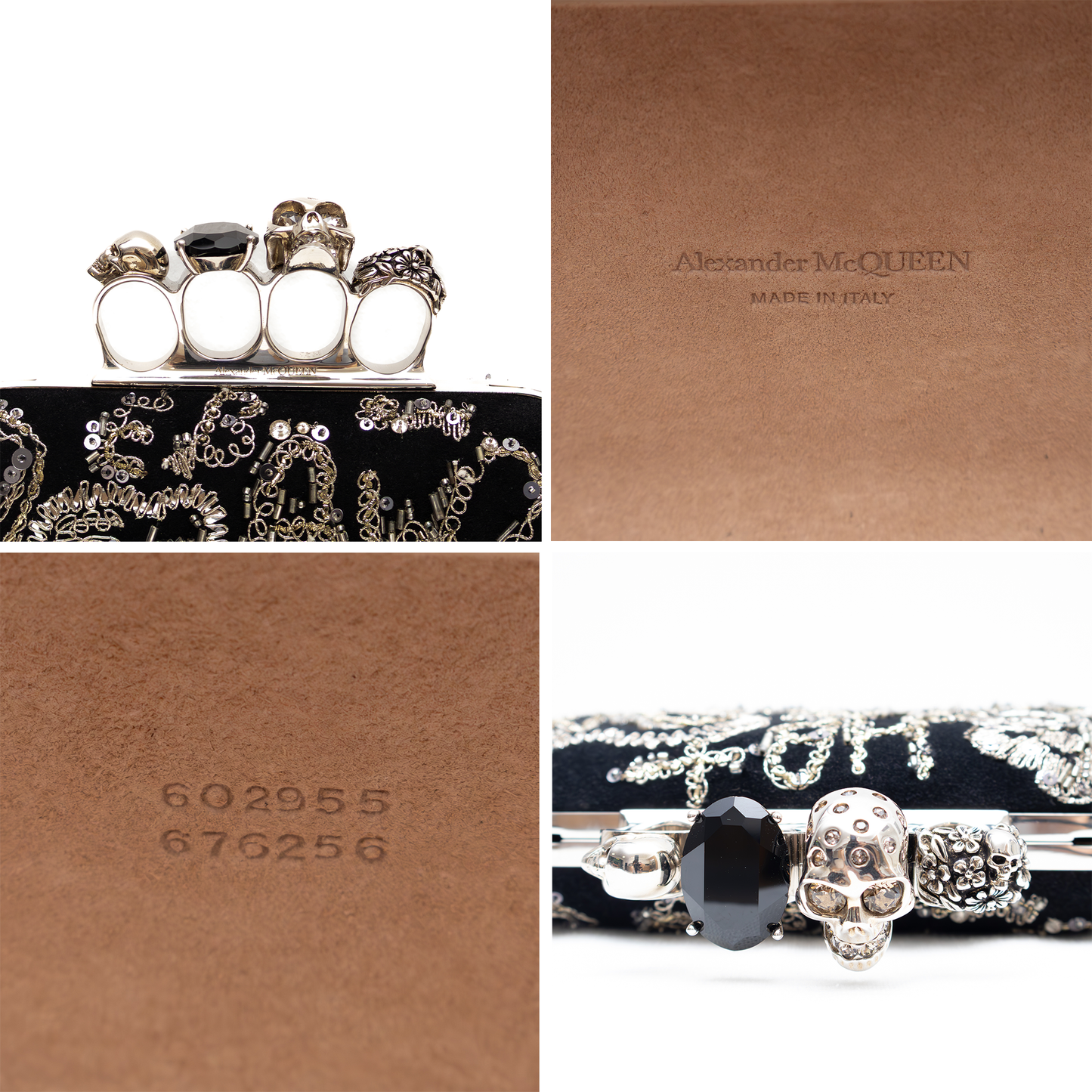 RARE Alexander McQueen Knuckle Box Clutch – Black Velvet with Silver Embellished Graffiti & Skull Ring Clasp
