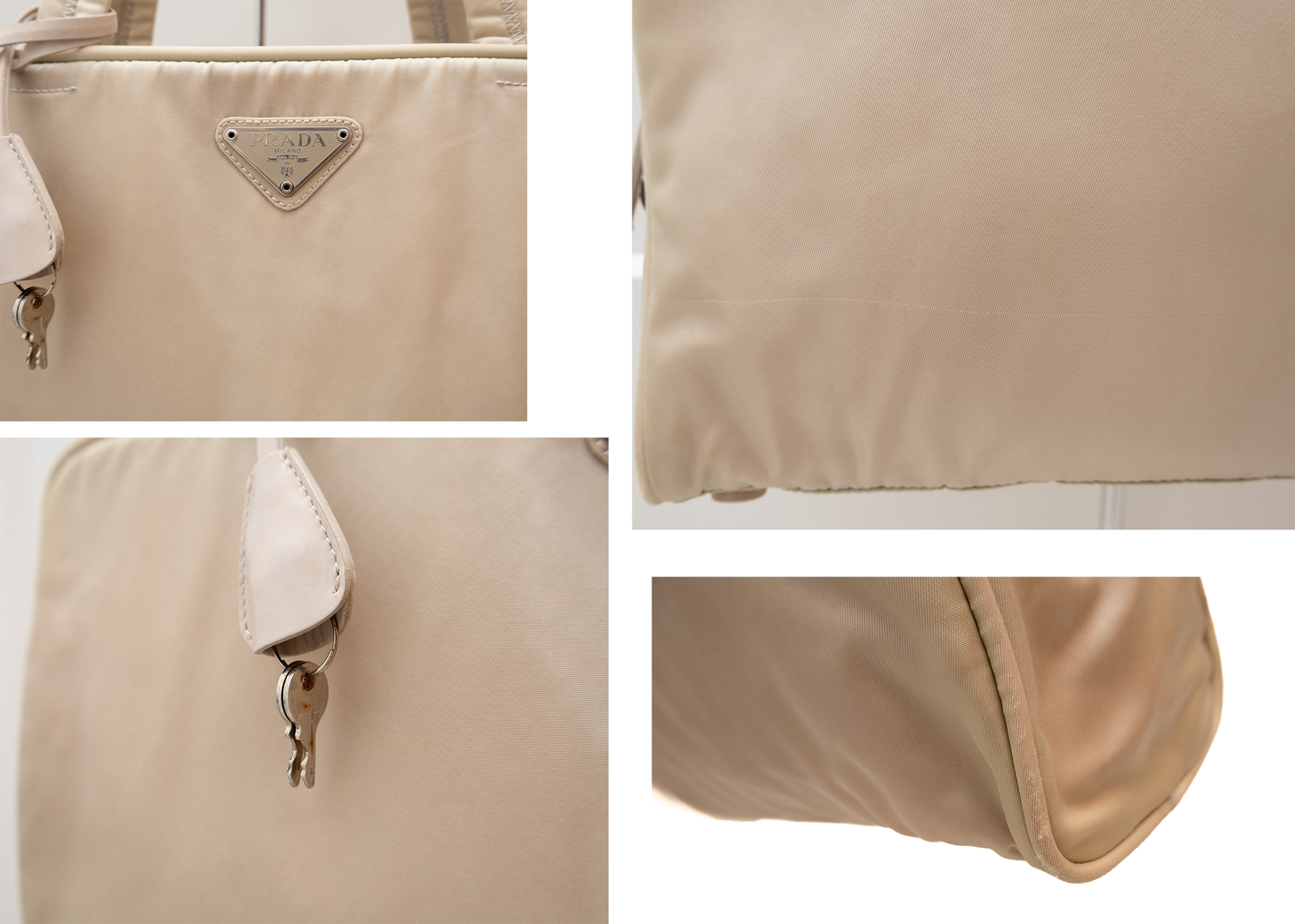 RARE PRADA LOGO TESSUTO NYLON DOUBLE HANDLE HANDBAG PADLOCK KEYS BEIGE