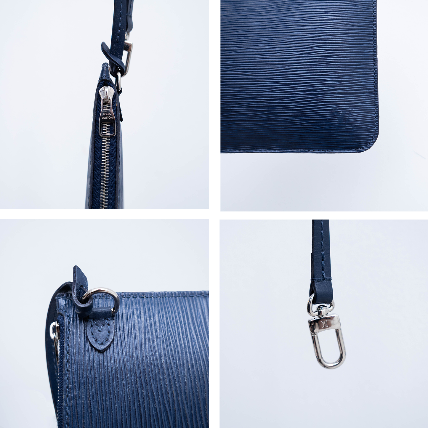 LOUIS VUITTON Blue Marine Epi Leather Neverfull WRISTLET Pochette Fuschia