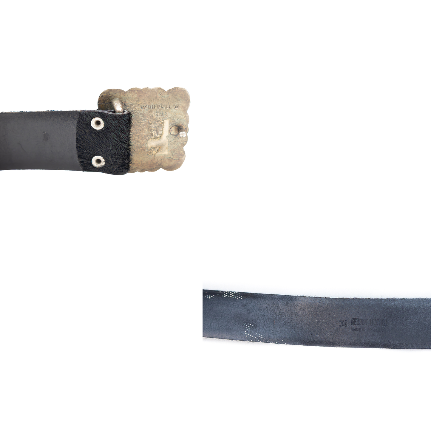 Durval 1993 Black Cowhide Hair Leather Belt w/ Silver Concho Buckle Made in Argentina Size 34