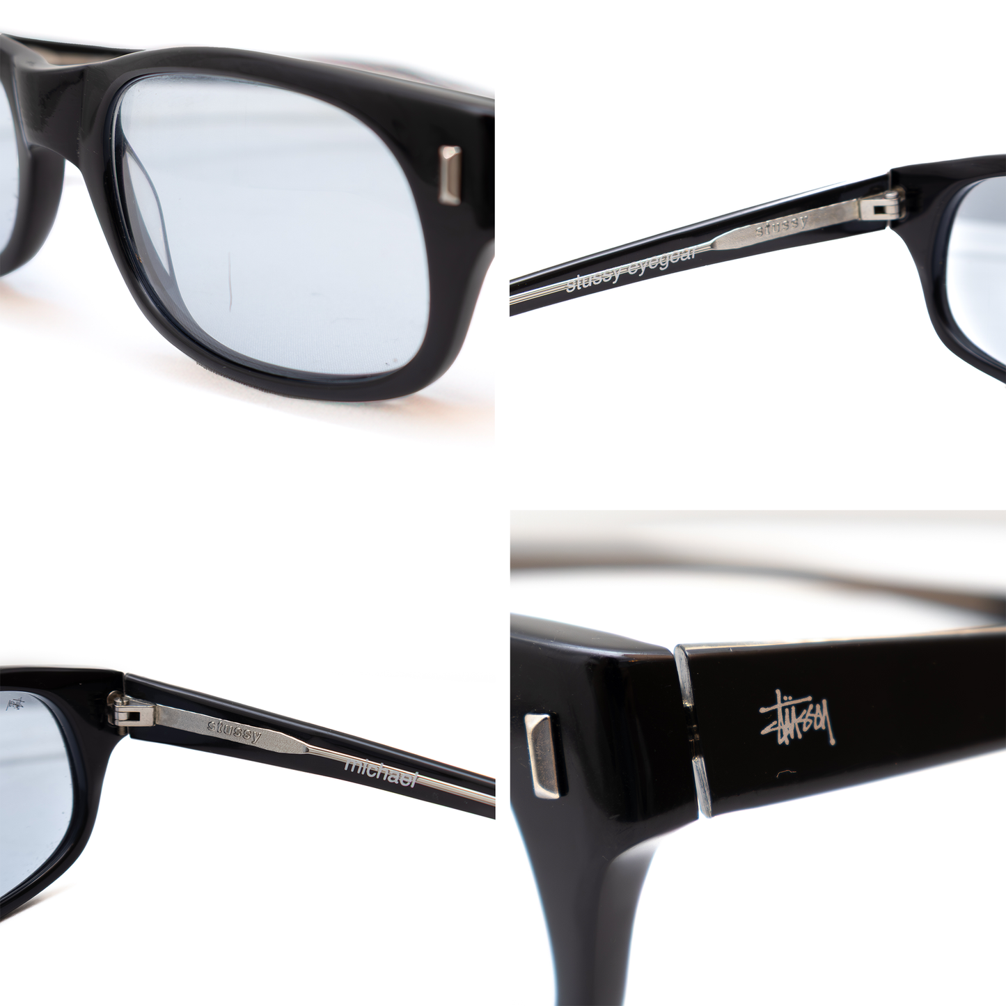 Stüssy Eyewear “Michael” Black Rectangular Glasses – Light Blue Lenses