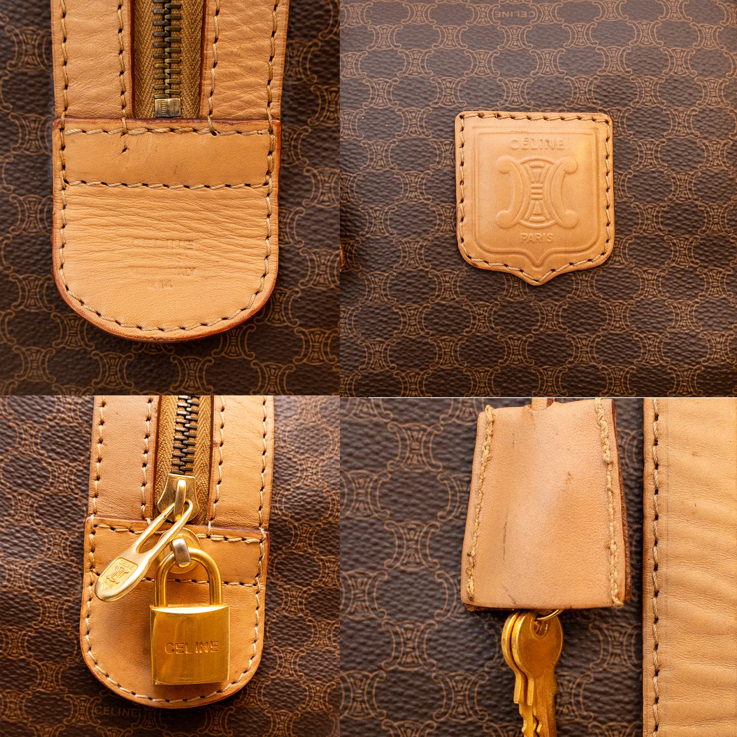 Vintage Celine Macadam Coated Canvas Boston Travel Bag with Padlock & Key – M14
