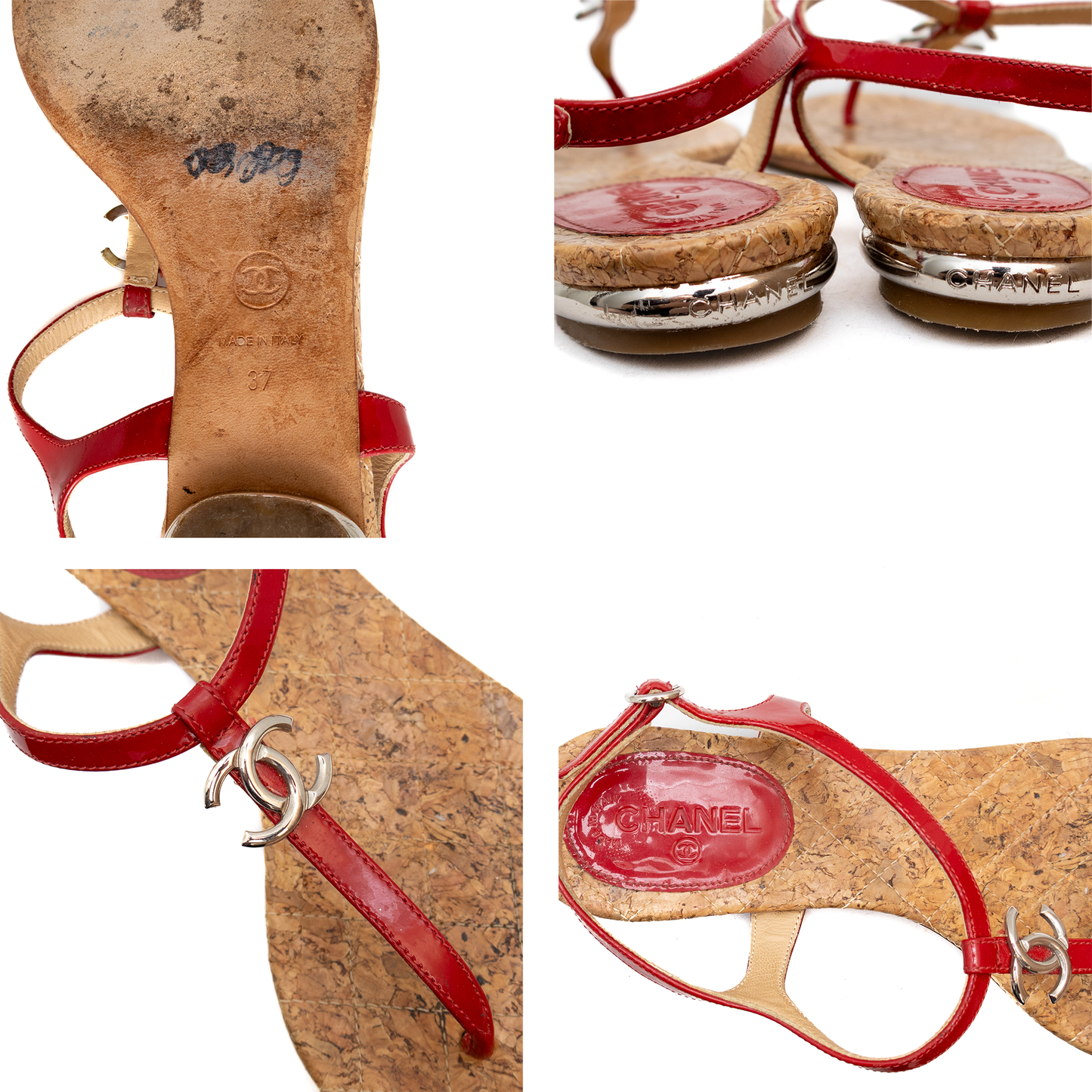 Rare Chanel Red Patent Leather CC T-Strap Thong Flat Sandals Women’s Size 7 US
